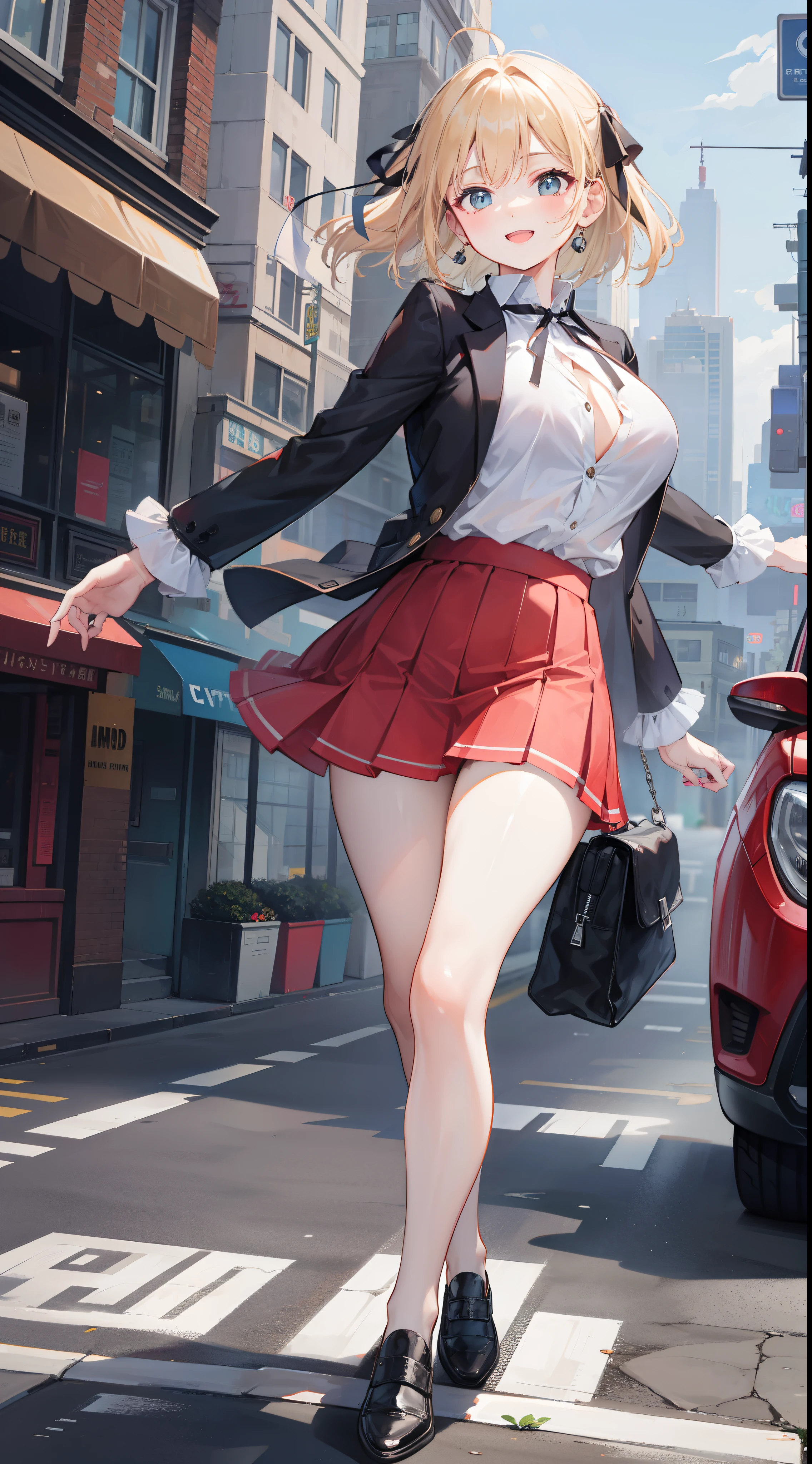 street background, traffic busy, crop shirt button, mini pleated skirt, black shoe, walking, smile, open mouth