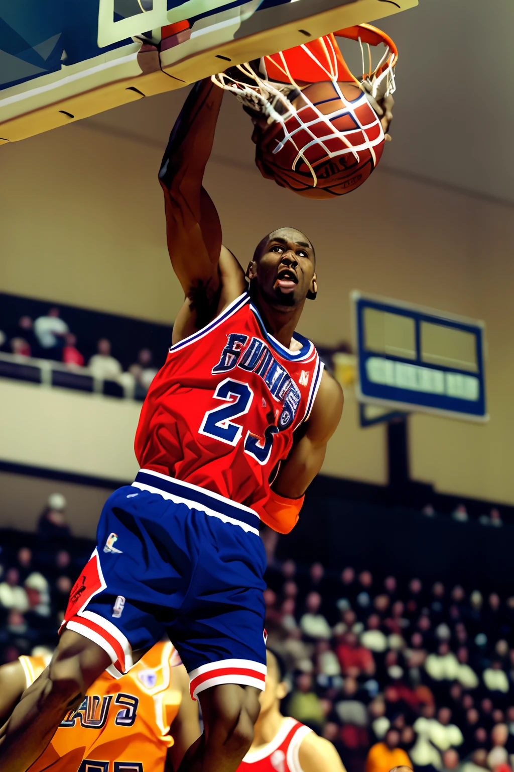 Alafed basketball player dunking red and white basketball ball, Michael jordan, turn on, jordan, photograph credit: nffsw, Shaq, microphone, 1 9 9 2, 1992, mid air, 1989, 1 9 8 9, SLUMDUNK, unreleased, corrected, 1993, 1 9 9 3, nffsw