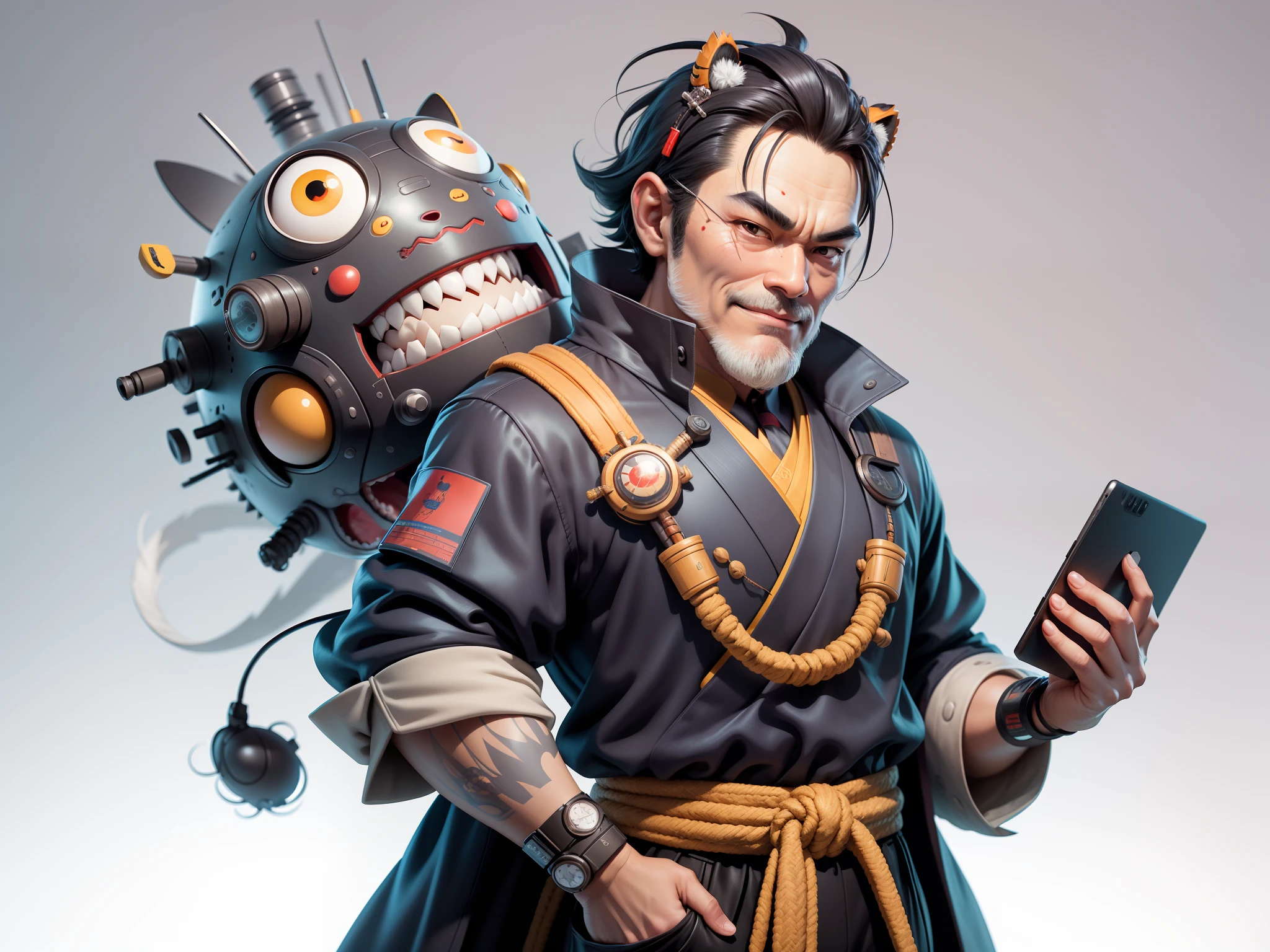 (Daisaku),(Need),(Super meticulous),(full bodyesbian:1.2),Super young man with Japanese geisha，Beautiful，orient，one tiger，Aeolian Thor，Raised sexy，爆乳，Oriental face，TV Anchor，Bust portrait illustration，In black suit，a blue tie，The face is slightly chubby，The face was clean，without a beard，Black super short hair，Black eyes，Smile confidently，3C computer sub-products，iPad， iphone，Digital painting，3D character design by Mark Clairen and Pixar and Hayao Miyazaki and Akira Toriyama，The illustration is a high-definition illustration in 4K resolution，With very detailed facial features and cartoon-style visuals。