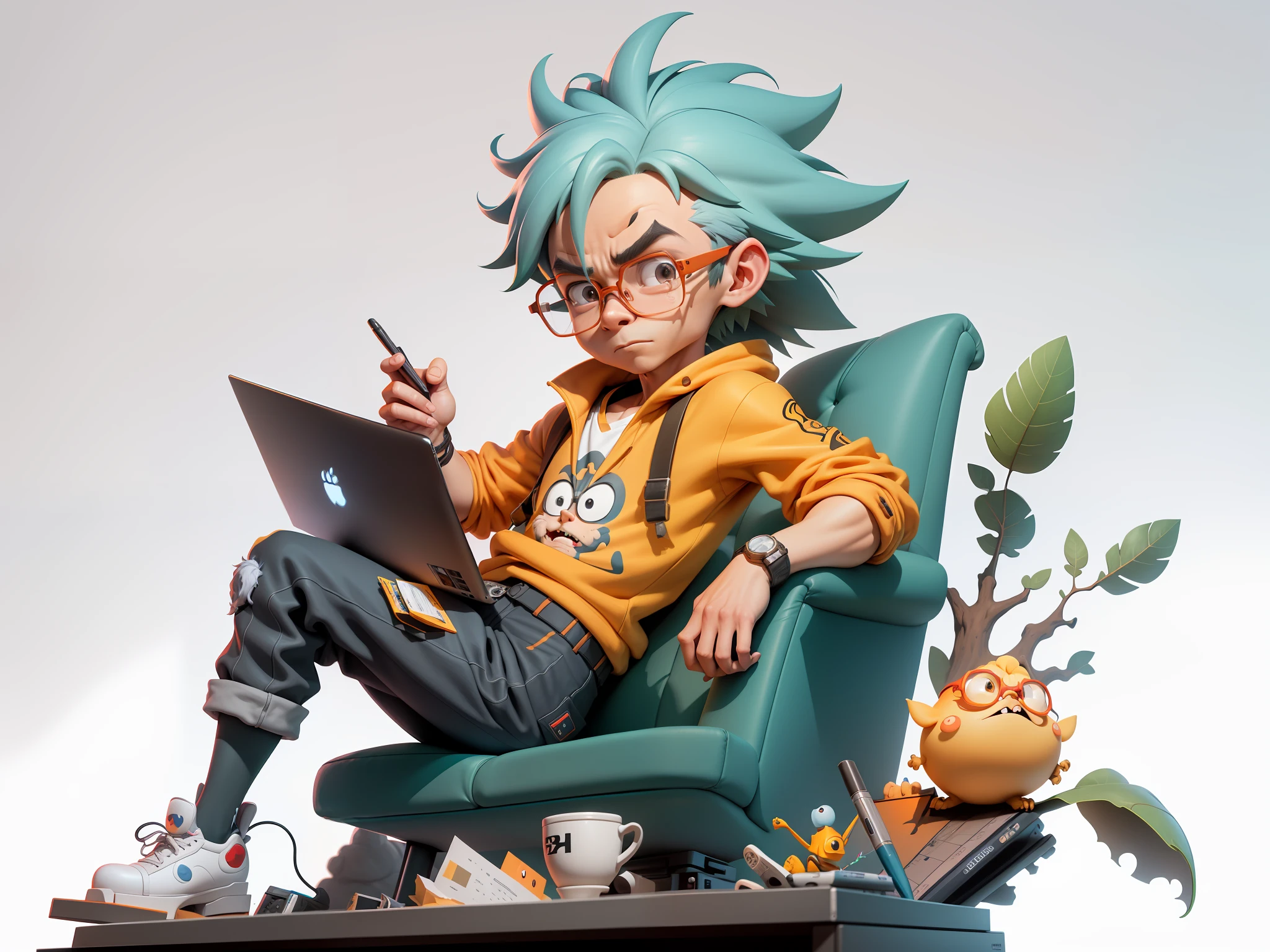 A young man with glasses sits at his desk，holding laptop，digitial painting，3D character design by Mark Clairen and Pixar and Hayao Miyazaki and Akira Toriyama，4K HD illustration，Very detailed facial features and cartoon-style visuals。