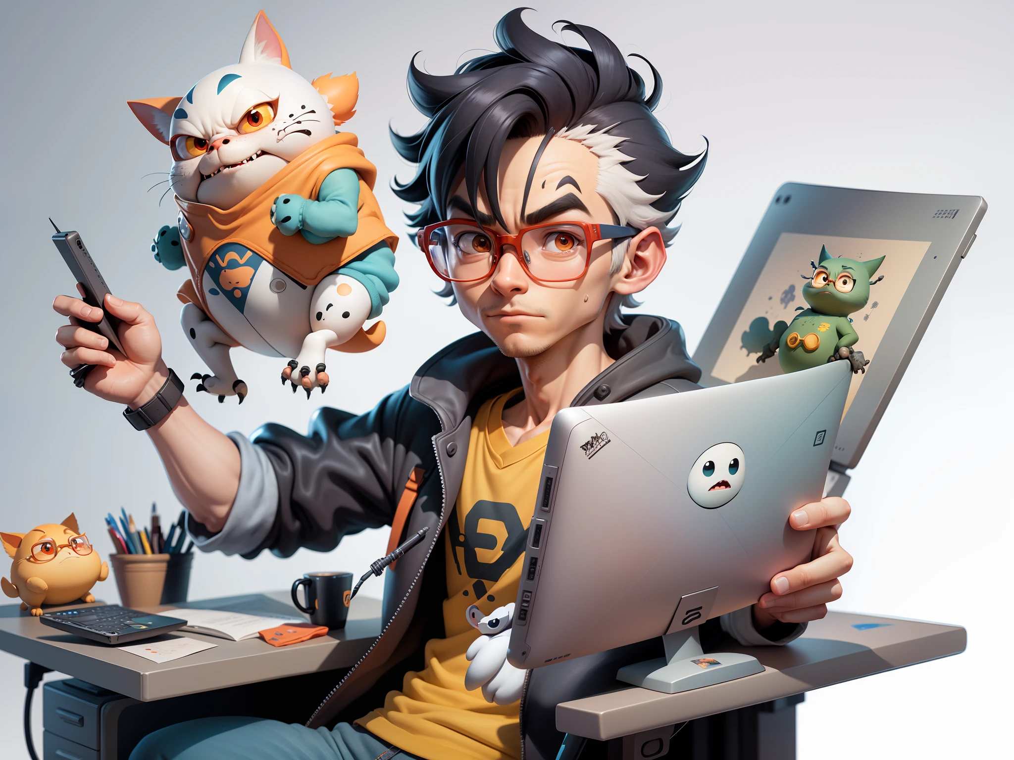 A young man with glasses sits at his desk,holding laptop,digitial painting,3D character design by Mark Clairen and Pixar and Hayao Miyazaki and Akira Toriyama,4K HD illustration,Very detailed facial features and cartoon-style visuals。