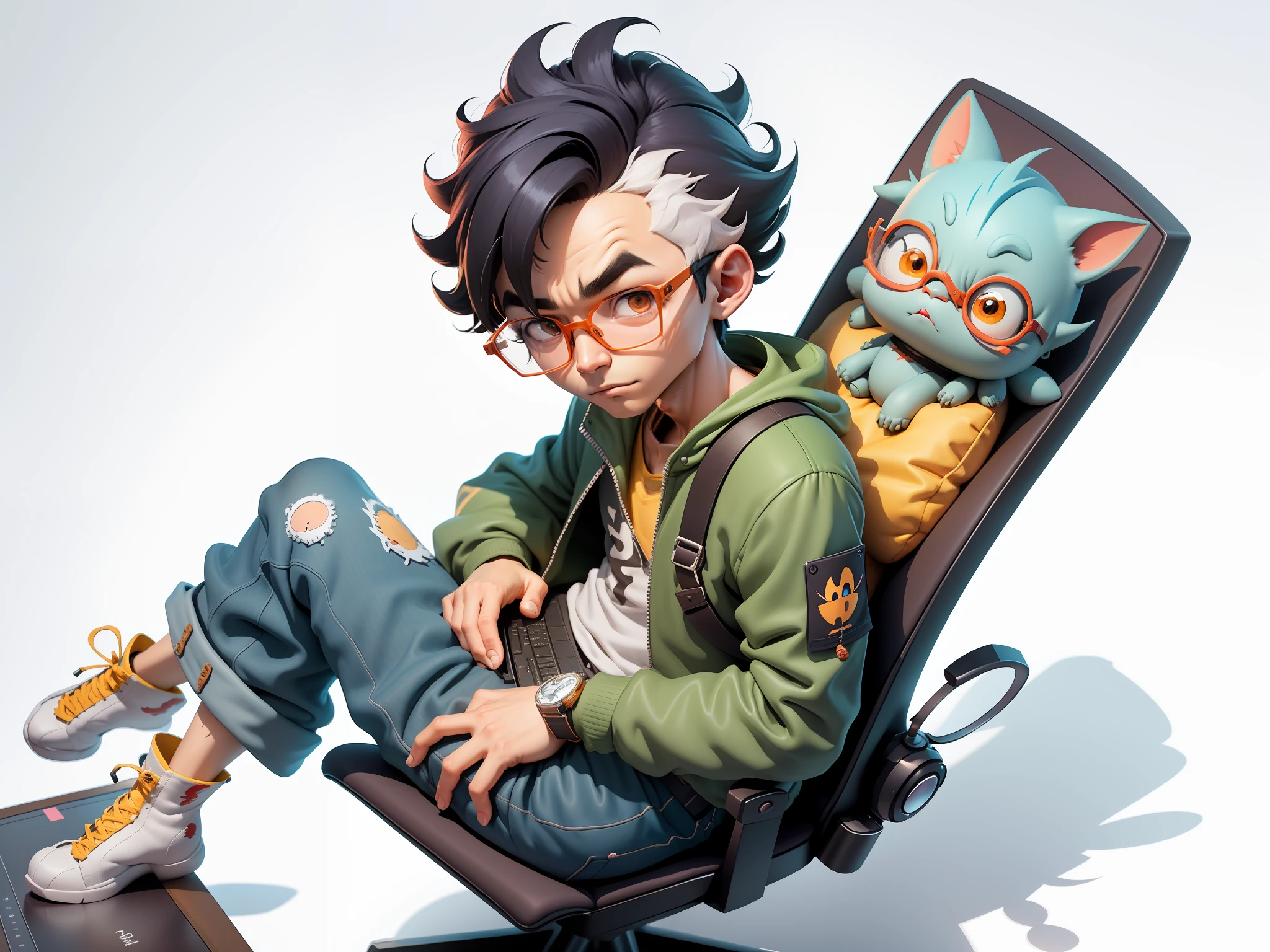 A young man with glasses sits at his desk，holding laptop，digitial painting，3D character design by Mark Clairen and Pixar and Hayao Miyazaki and Akira Toriyama，4K HD illustration，Very detailed facial features and cartoon-style visuals。
