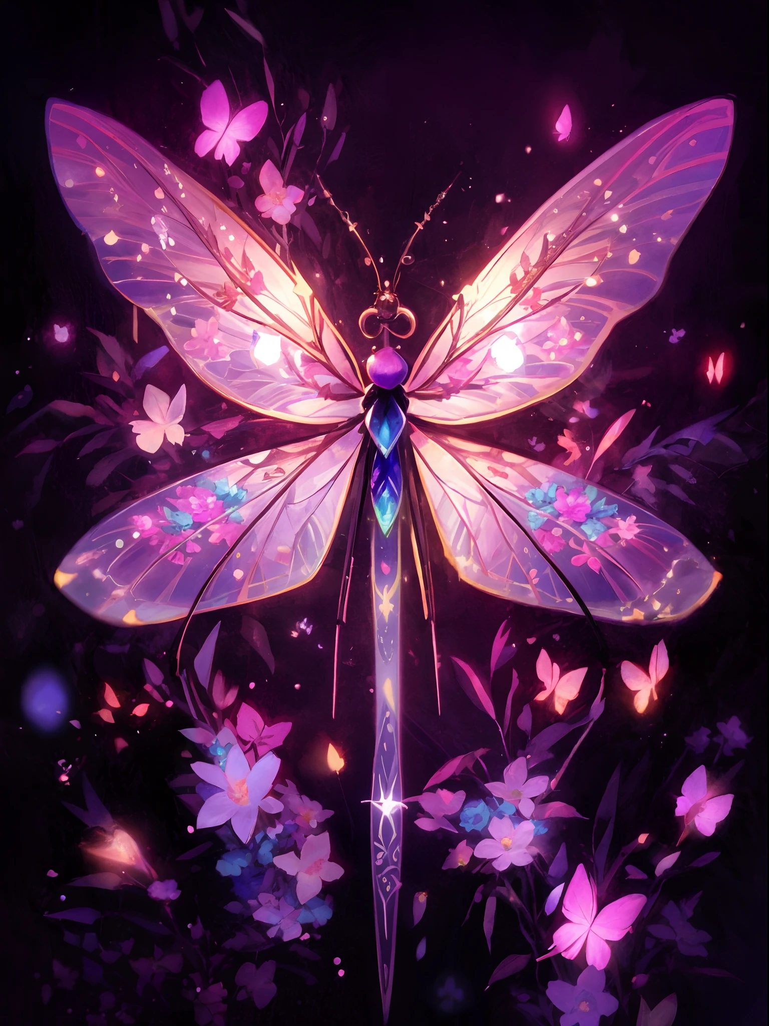 purple dragonfly with glowing wings and flowers on a black background, jen bartel, beautiful digital artwork, luminescence，highly detailed, exquisite digital illustration, 🌺 cgsociety, glowing butterflies, mystical insects, beeple and jeremiah ketner, detailed digital artwork, beautiful digital art, detailed illustration, detailed digital art, ✨🕌🌙, dragonfly-shaped, dragonfly