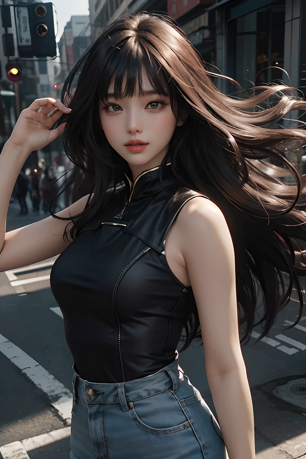 Araffe asian woman with long black hair walking down the street - SeaArt AI