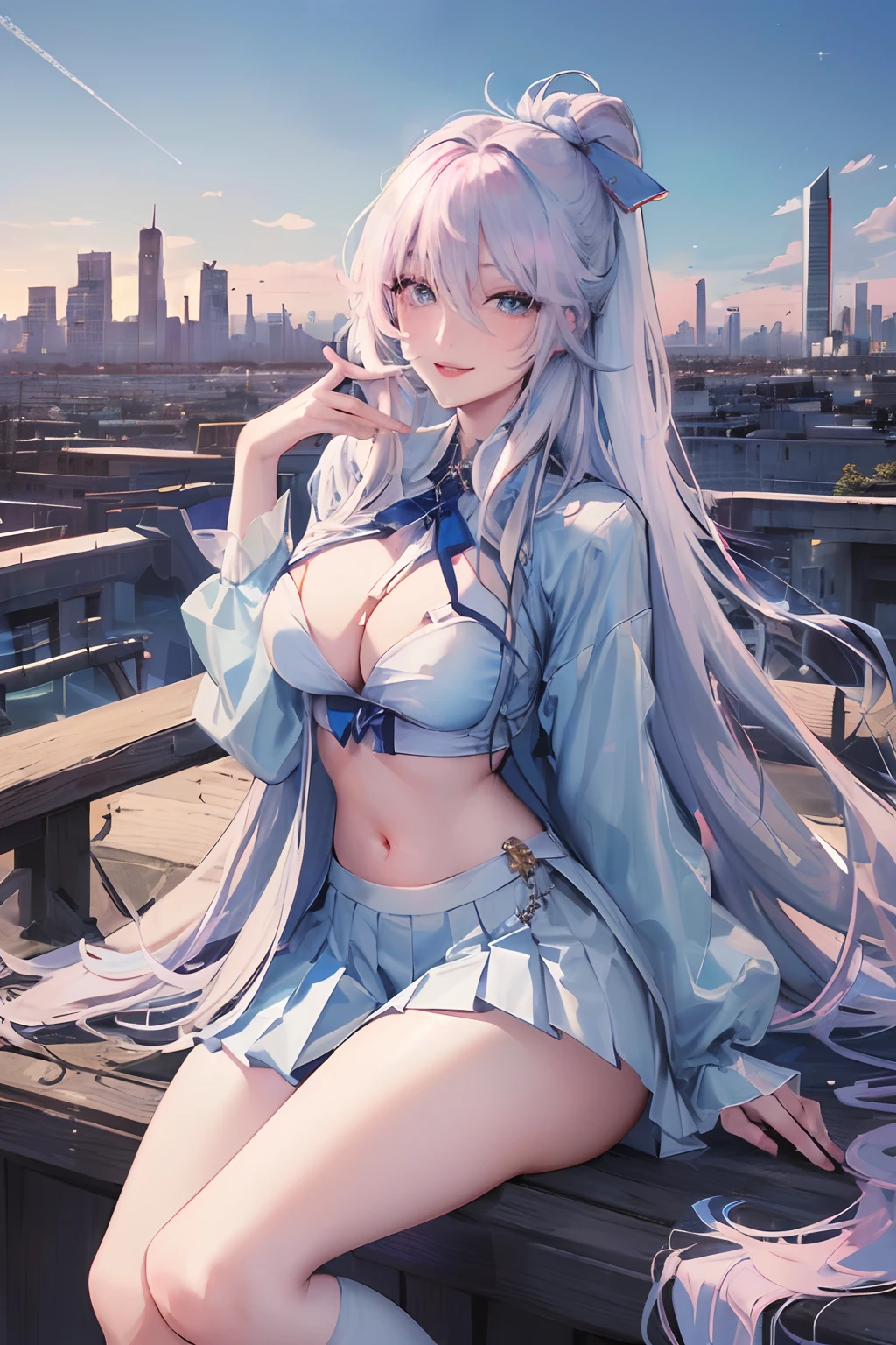 official art, masterpiece, sharp focus, (beautiful gorgeous cute Korean woman:1.3), (beautiful cute korean:1.3), korean beauty, Delicate and beautiful hair and eyes and face, realistic, ultra detailed, beautiful girl, blue sky, glow white particle, (sidelighting:1.2), sun light, white cloud, detailed clouds, slender, Lovely very large breasts and very large hips, smile with teeth, ((smile with eyes, open both eyes)), scenery, long straight hair, sexy facial expression, building, (cityscape:1.7), dynamic hair, long straight hair, detailed platinum pink hair, glow blue eyes, (blue pleated shirts + white skirt), white long socks, pale skin, hair ornament, epic scenery,