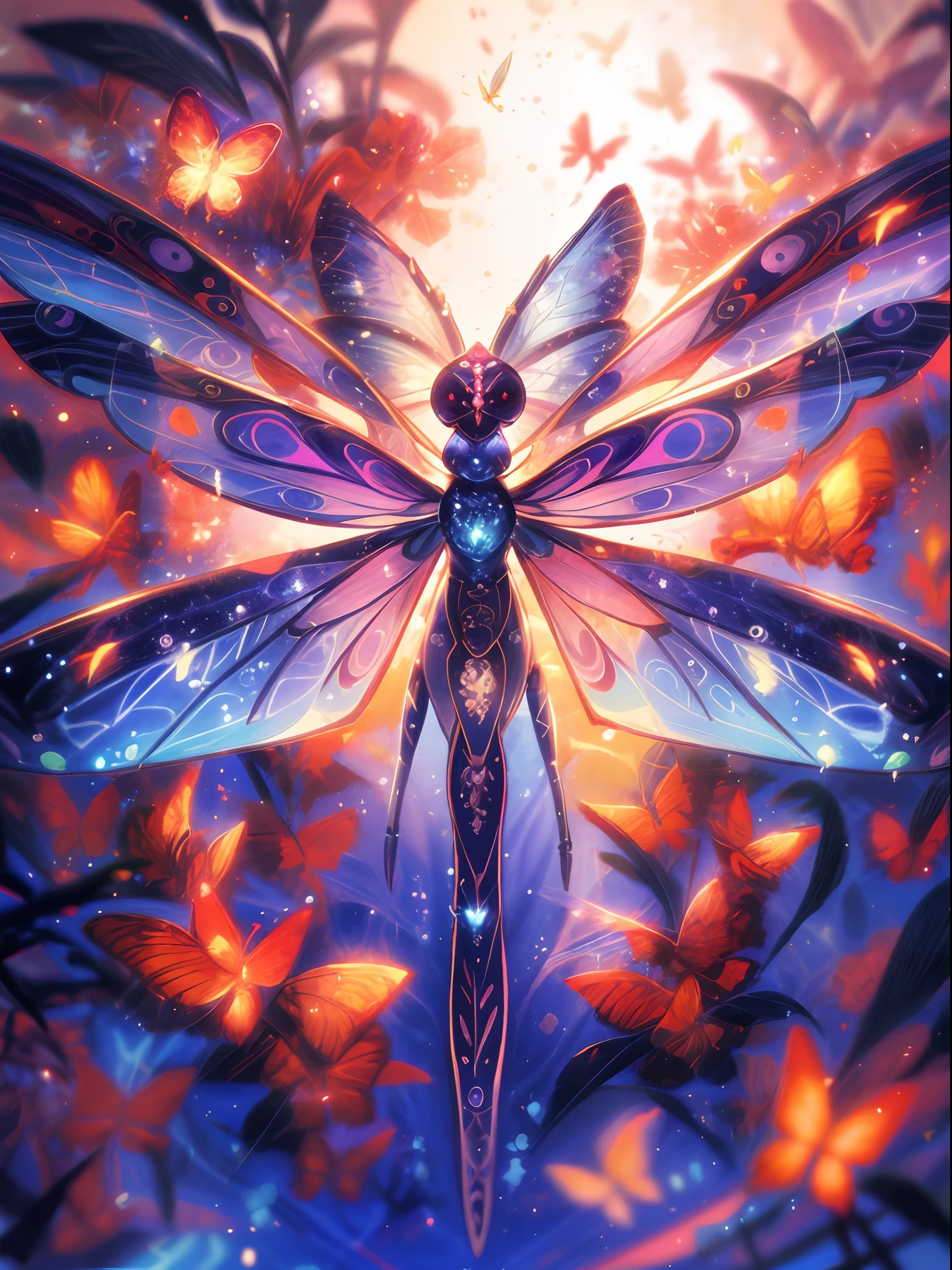 there is a dragonfly with a lot of butterflies on it, luminescence，highly detailed, beautiful digital artwork, iridescent wings, 🌺 cgsociety, detailed fanart, ✨🕌🌙, mystical insects, exquisite digital illustration, that looks like a dragonfly, beautiful digital illustration, ethereal wings, jen bartel, official artwork, astral fairy, dragonfly