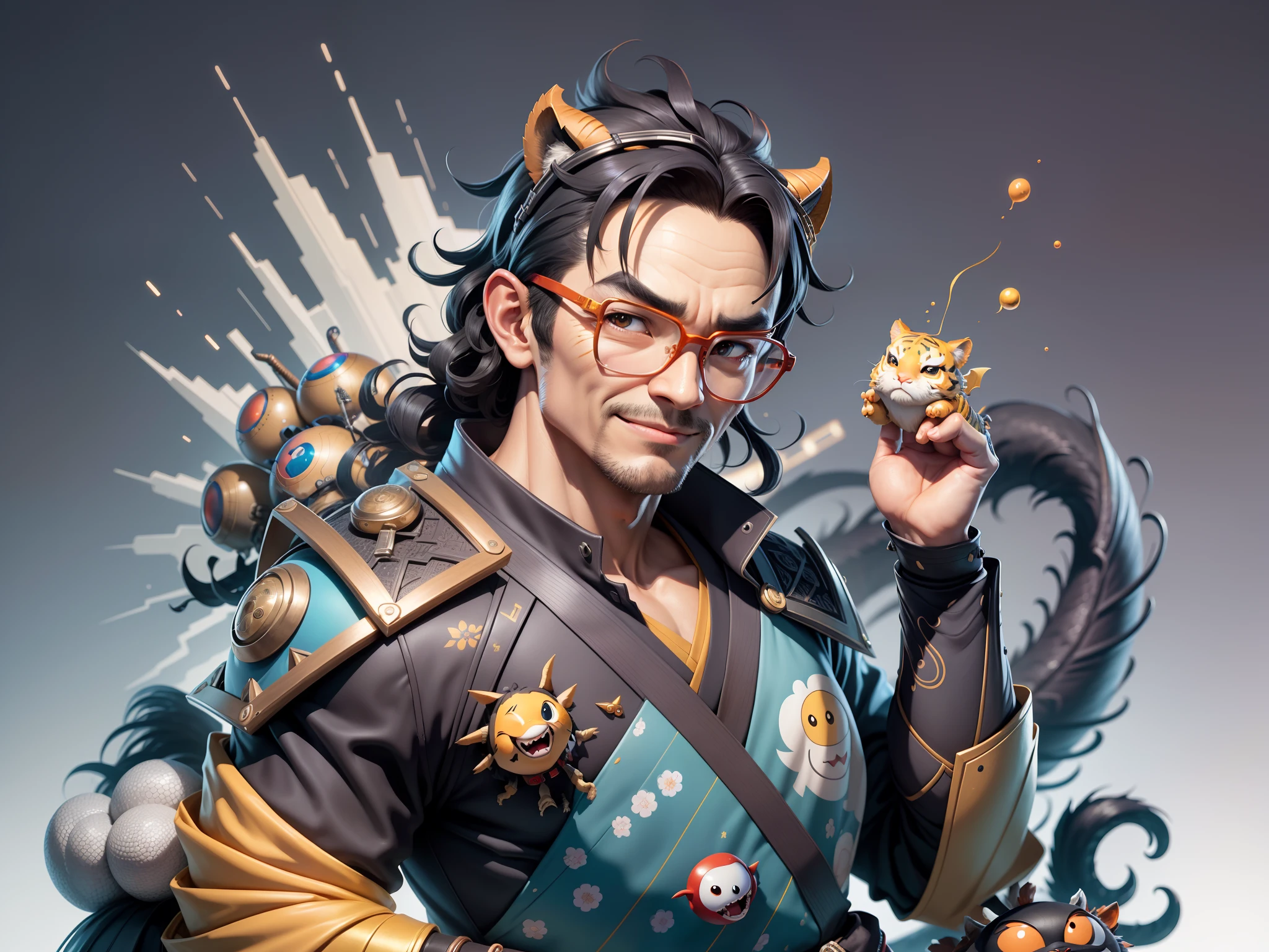 (Masterpiece), (Excellent), (Super Meticulous), (Full Body: 1.2), Super Young Man with Japanese Female Geisha, Pretty, Beautiful, Chinese Dragon, Tiger, Wind God Thor, Sexy, Bursting, Oriental Face, TV Anchor, Bust Portrait Illustration, Black Suit, Blue Tie, Slightly Chubby Face, Silver Glasses, Very Clean Face, No Beard on Chin, Black Super Short Hair, Black Eyes, Confident Smile, 3c Computer Sub-Products, iPad, iPhone, Digital Painting, 3D character design by Mark Clairedon and Pixar and Hayao Miyazaki and Akira Toriyama, the illustrations are HD illustrations in 4K resolution with highly detailed facial features and cartoon-style visuals.
