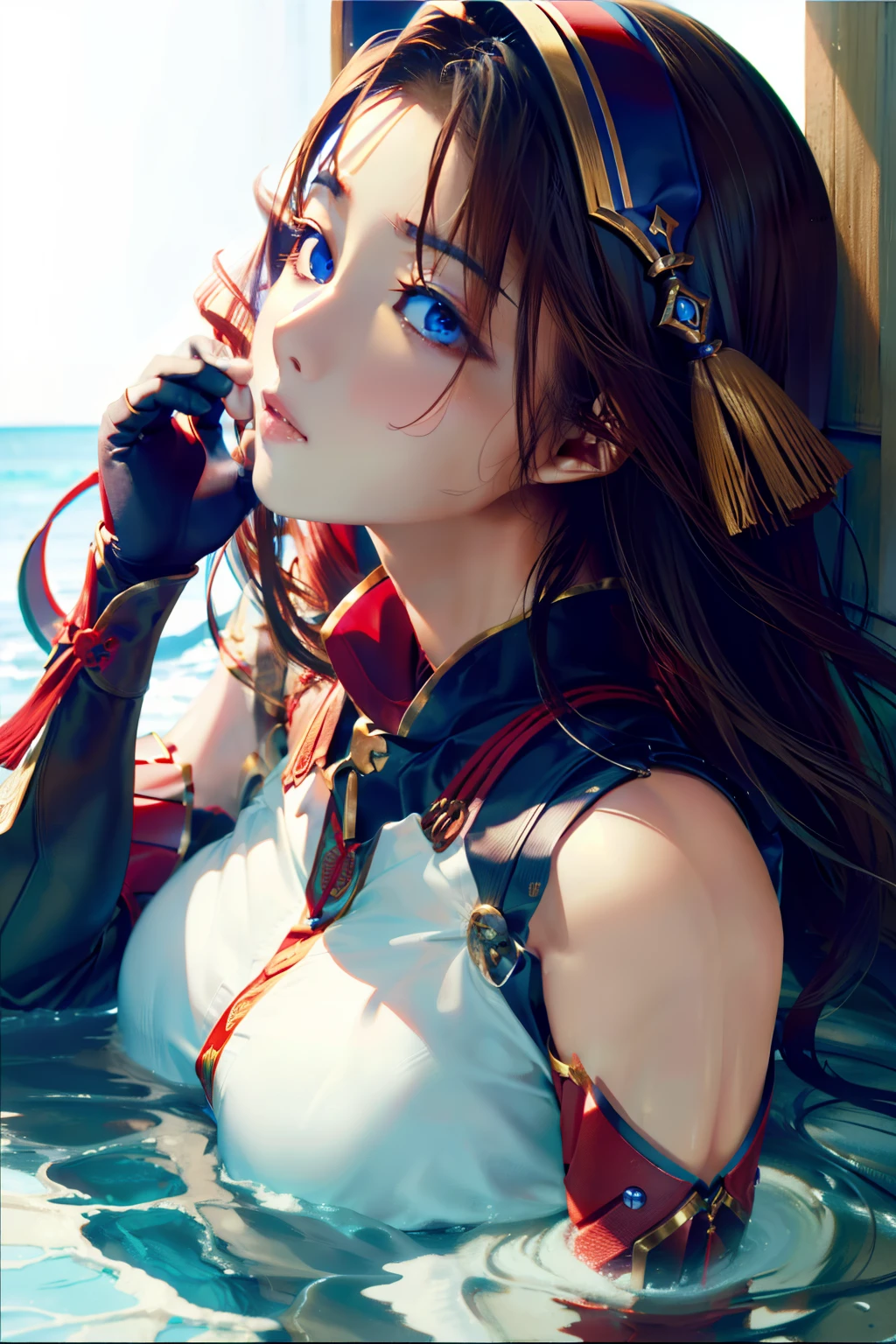 tmasterpiece,超高分辨率,Super close to reality,Tight armor,Perfect look,perfects eyes,Dusty temperament,Completely show the breasts,Lie in the water ,Slim waist,femele,Best picture quality