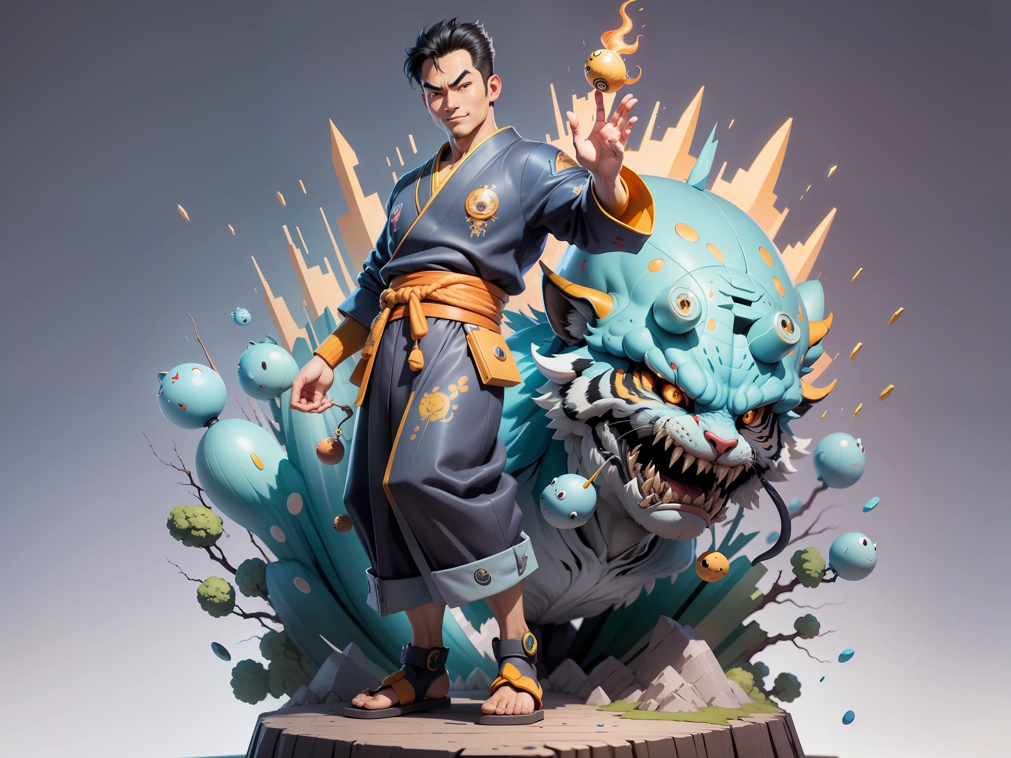 (Masterpiece), (Excellent), (Super Meticulous), (Full Body: 1.2), Super Young Man, Oriental Face, Japanese Kimono, Japanese Wind Thunder God, Dragon, Tiger, TV Anchor, Bust Portrait Illustration, Alone, Black Suit, Blue Tie, Slightly Chubby Face, Very Clean Face, No Beard, Black Super Short Hair, Black Eyes, Confident Smile, 3c Computer Sub-Products, iPad, iPhone, Digital Painting, 3D Character Design by Akira Toriyama and Mark Claireden and Pixar and Hayao Miyazaki, The illustration is a high-definition illustration in 4K resolution with very detailed facial features and cartoon-style visuals.