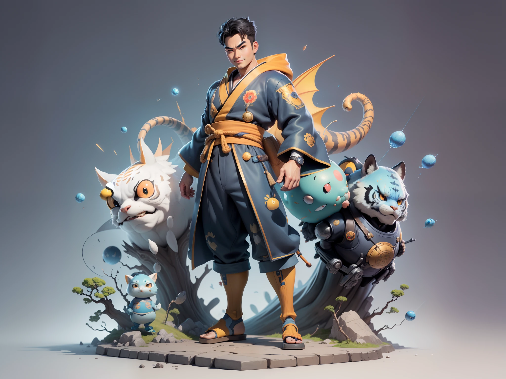 (Masterpiece), (Excellent), (Super Meticulous), (Full Body: 1.2), Super Young Man, Oriental Face, Japanese Kimono, Japanese Wind Thunder God, Dragon, Tiger, TV Anchor, Bust Portrait Illustration, Alone, Black Suit, Blue Tie, Slightly Chubby Face, Very Clean Face, No Beard, Black Super Short Hair, Black Eyes, Confident Smile, 3c Computer Sub-Products, iPad, iPhone, Digital Painting, 3D Character Design by Akira Toriyama and Mark Claireden and Pixar and Hayao Miyazaki, The illustration is a high-definition illustration in 4K resolution with very detailed facial features and cartoon-style visuals.