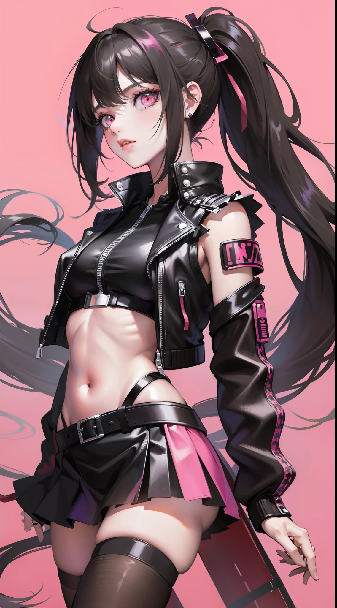 young girl, Long black hair tied into two ponytails, Pink eyes, punk, Leather jacket, Skirt, Open abdomen, Open breasts, Masterpiece, High quality