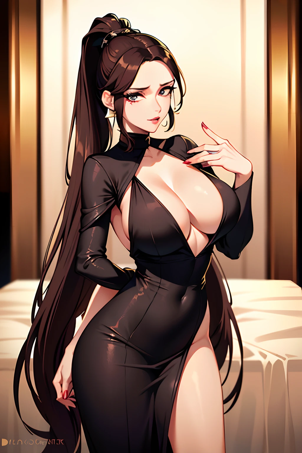 woman posing for a photo, (wearing deep_v-neck_dress:1.2), (long_ponytail_hairstyle:1.3),
good hand,4k, high-res, masterpiece, best quality, head:1.3,((Hasselblad photography)), finely detailed skin, sharp focus, (cinematic lighting), night, soft lighting, dynamic angle, [:(detailed face:1.2):0.2],(((5 stars hotel background))),