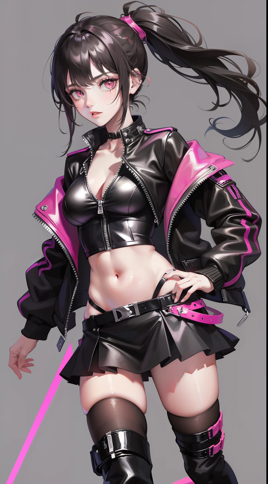 young girl, Long black hair tied into two ponytails, Pink eyes, punk, Leather jacket, Skirt, Open abdomen, Open breasts, Masterpiece, High quality