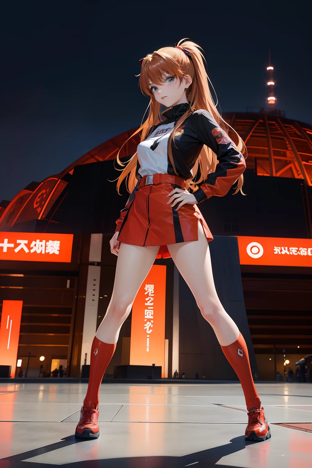 Asuka Langley Soryu, evangelion anime, girl with brown hair, wear street fashion outfit, tokyo dome background,  in japan, full pose, full body, portrait style,