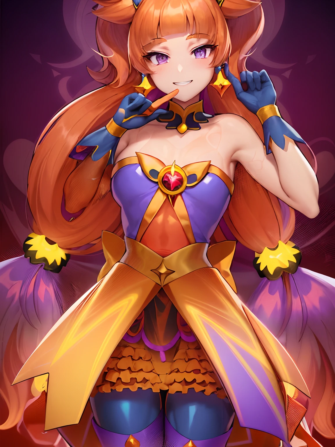 Cartoon male character in orange and purple and yellow dress with bow, Portrait Knight of Zodiac Boy, Knight of Zodiac Boy, Beautiful, He has long red-orange hair, He has long orange-brown hair, Prince in anime, full portrait of elementalist, Official Character Art, Appeared as the god of fire