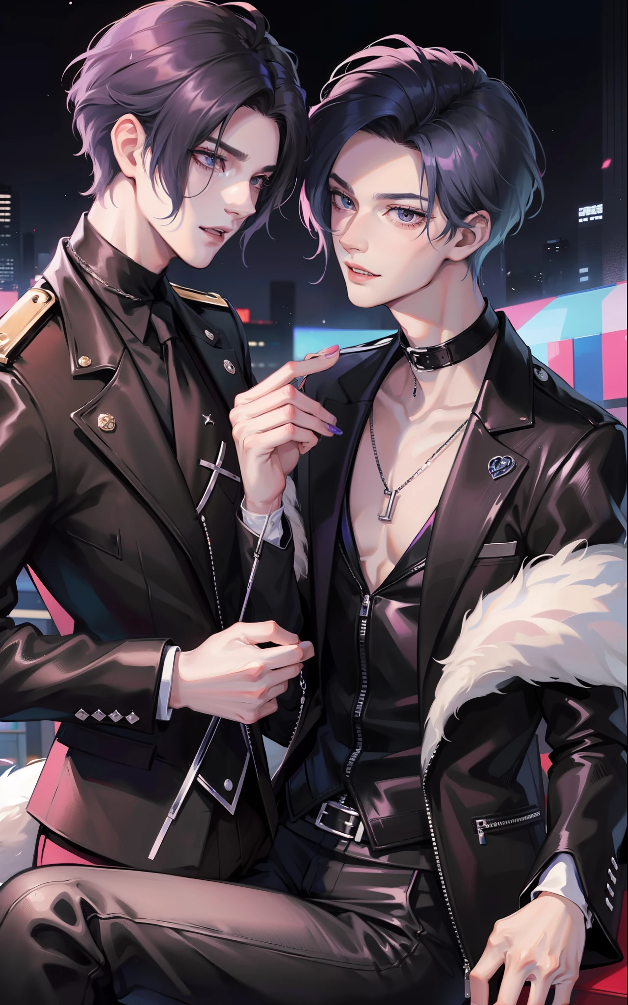 ​masterpiece, top-quality, 2Others, Male couple, 1 man and 1,, Adults, Height difference, different fashion, different color, finely eye and detailed face, intricate detailes, Black Butler Fashion, Modern urban streets, A smile, Happiness, tenderness, queers, Boys Love, high-level image quality、 Two beautiful men、tall、The upper part of the body、nightfall、nighttime scene、𝓡𝓸𝓶𝓪𝓷𝓽𝓲𝓬、Korean Male, k pop, Professional Photos, Vampires, Fedoman with necklace, inspired by Sim Sa-jeong, androgynous vampire, :9 detailed face: 8, extra detailed face, detailed punk hair, ((eyes are brown)) baggy eyes, Seductive. Highly detailed, semi realistic anime, Vampire butler, hyperrealistic teen, delicate androgynous prince, imvu, short hair above the ears, Man with short hair, With a purple-haired man with a wild expression, Man with light blue hair with gentle expression, With a short-haired man with bright purple hair, Man with light blue hair, Take a selfie for two