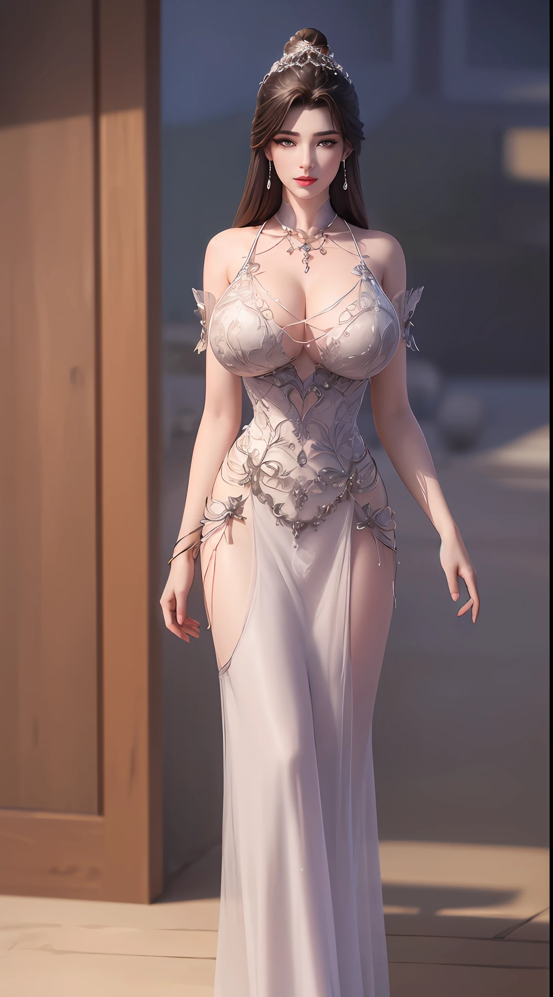 ultra realistic 8k cg, flawless, clean, masterpiece, professional artwork, famous artwork, cinematic lighting, cinematic bloom, perfect face, beautiful face, fantasy, dreamlike, unreal engine 5, science fiction,   lace, lace trim, lace-trimmed legwear, luxury, jewelry, diamond, gold, pearl, gem, sapphire, ruby, emerald, intricate detail, delicate pattern, charming, alluring, seductive, erotic, enchanting, hair ornament, necklace, earrings, bracelet, armlet,autumn.
((,1girl, pov,best quality,))  ,((((,1girl,  solo, huge fake breasts:1.5, goddess dress, half body,  looking at viewer, standing))))