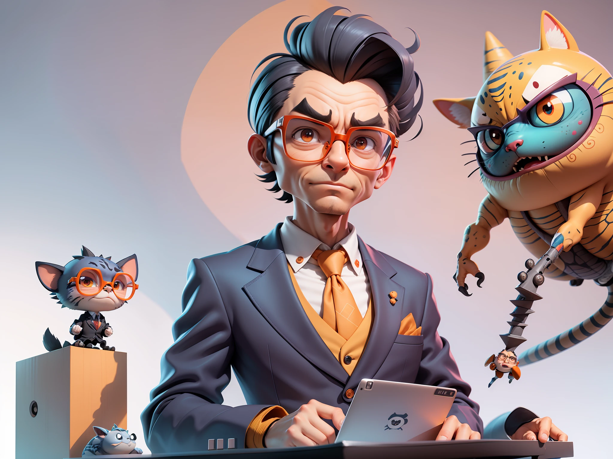 A young man in a suit, Short hair and glasses sat at his desk，holding laptop，digitial painting，tigre，3D character design by Mark Clairen and Pixar and Hayao Miyazaki and Akira Toriyama，4K HD illustration，Very detailed facial features and cartoon-style visuals。