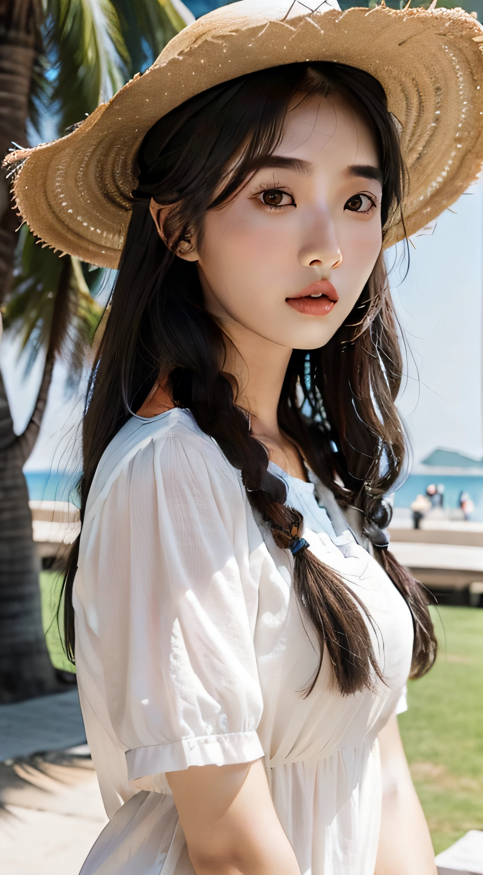 Long haired woman in straw hat and white short sleeves, Realism, Gorgeous young Korean woman, Asian girl with long hair, Beautiful young Korean woman, ulzzangs, beautiful Korean women, young cute wan asian face, Korean girl, young lovely Korean faces, Beautiful Asian girl, braid hairstyle,beachside