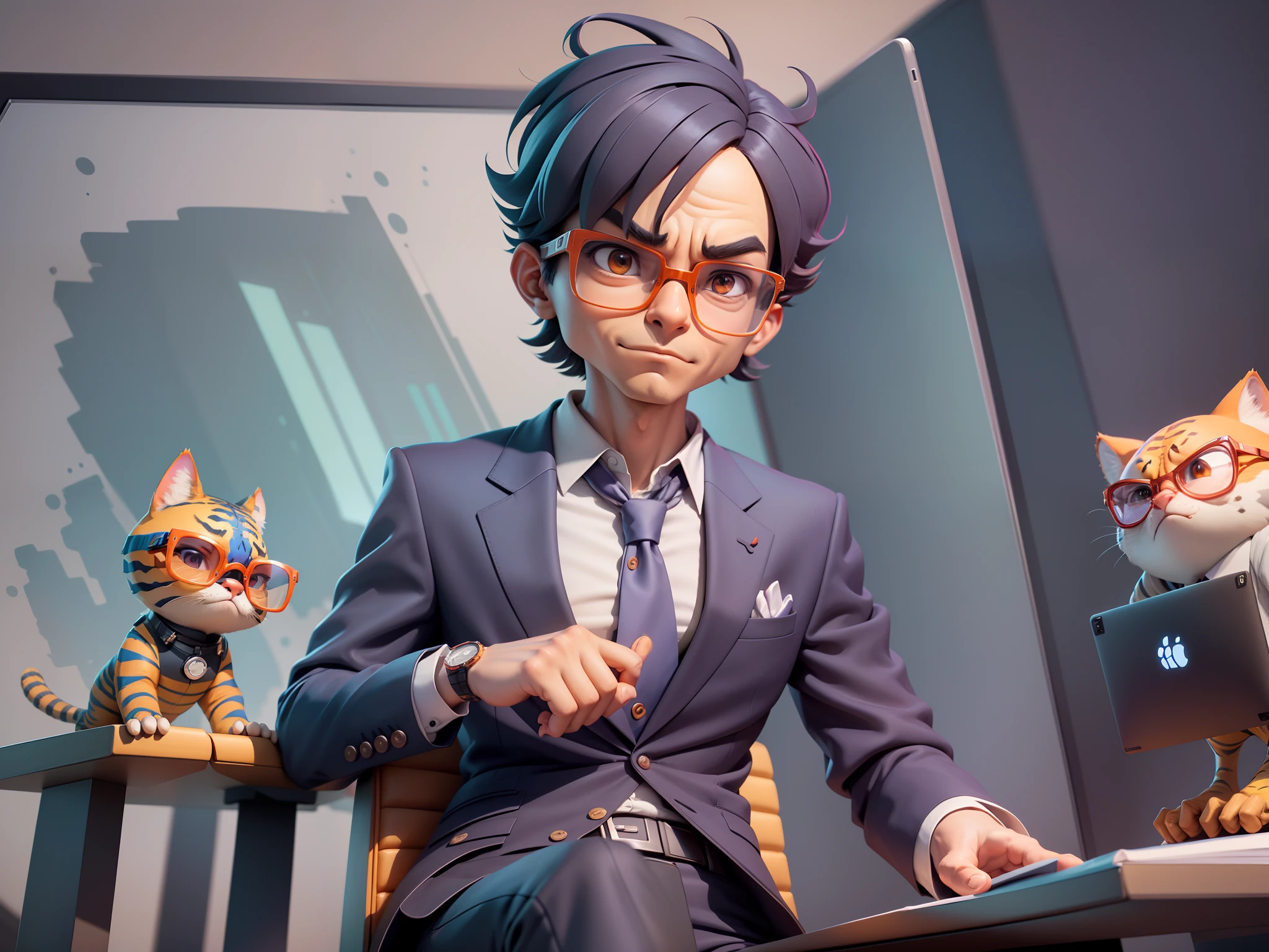 A young man in a suit, Short hair and glasses sat at his desk，holding laptop，digitial painting，tigre，3D character design by Mark Clairen and Pixar and Hayao Miyazaki and Akira Toriyama，4K HD illustration，Very detailed facial features and cartoon-style visuals。