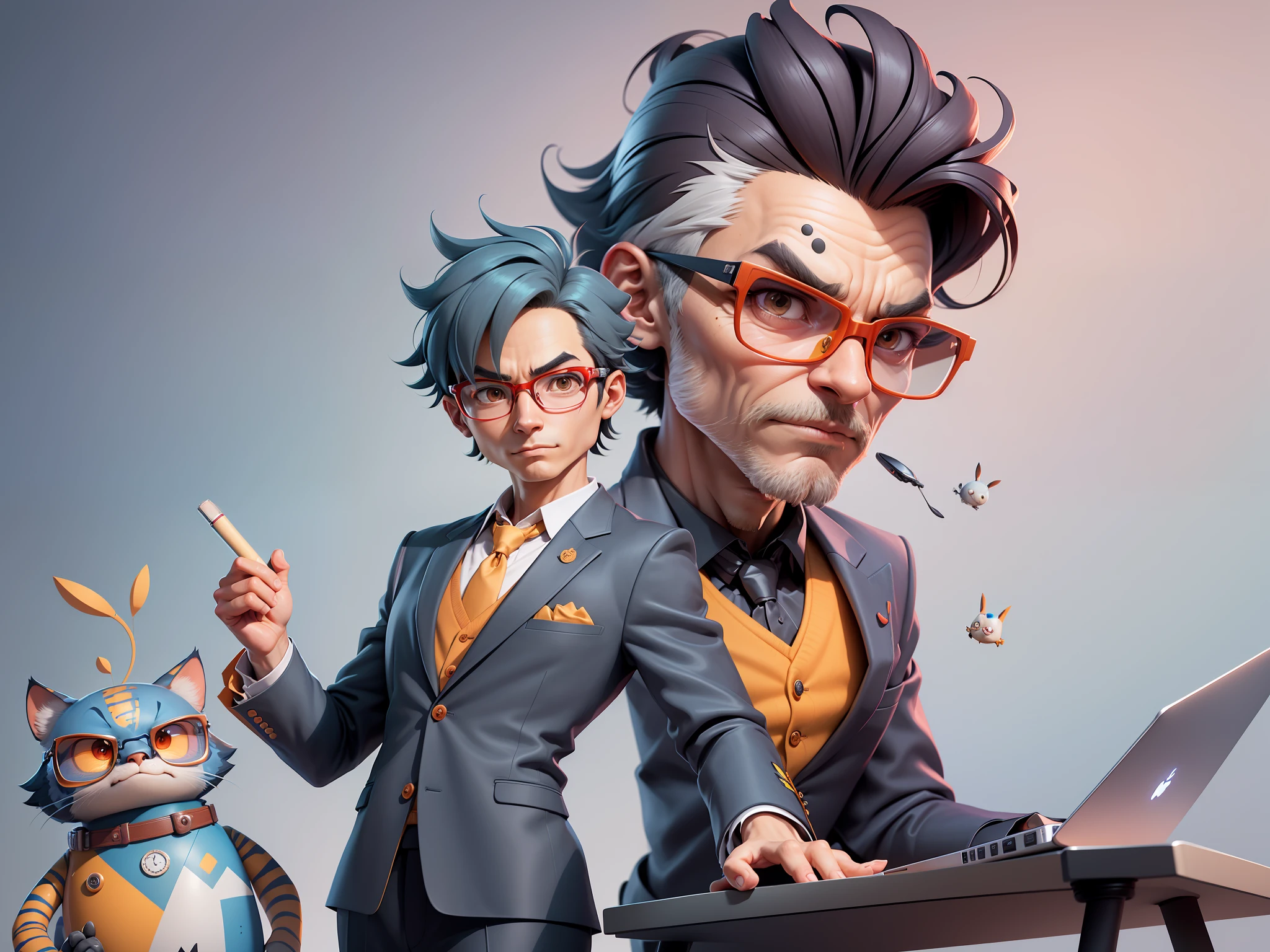 A young man in a suit, Short hair and glasses sat at his desk，holding laptop，digitial painting，tigre，3D character design by Mark Clairen and Pixar and Hayao Miyazaki and Akira Toriyama，4K HD illustration，Very detailed facial features and cartoon-style visuals。