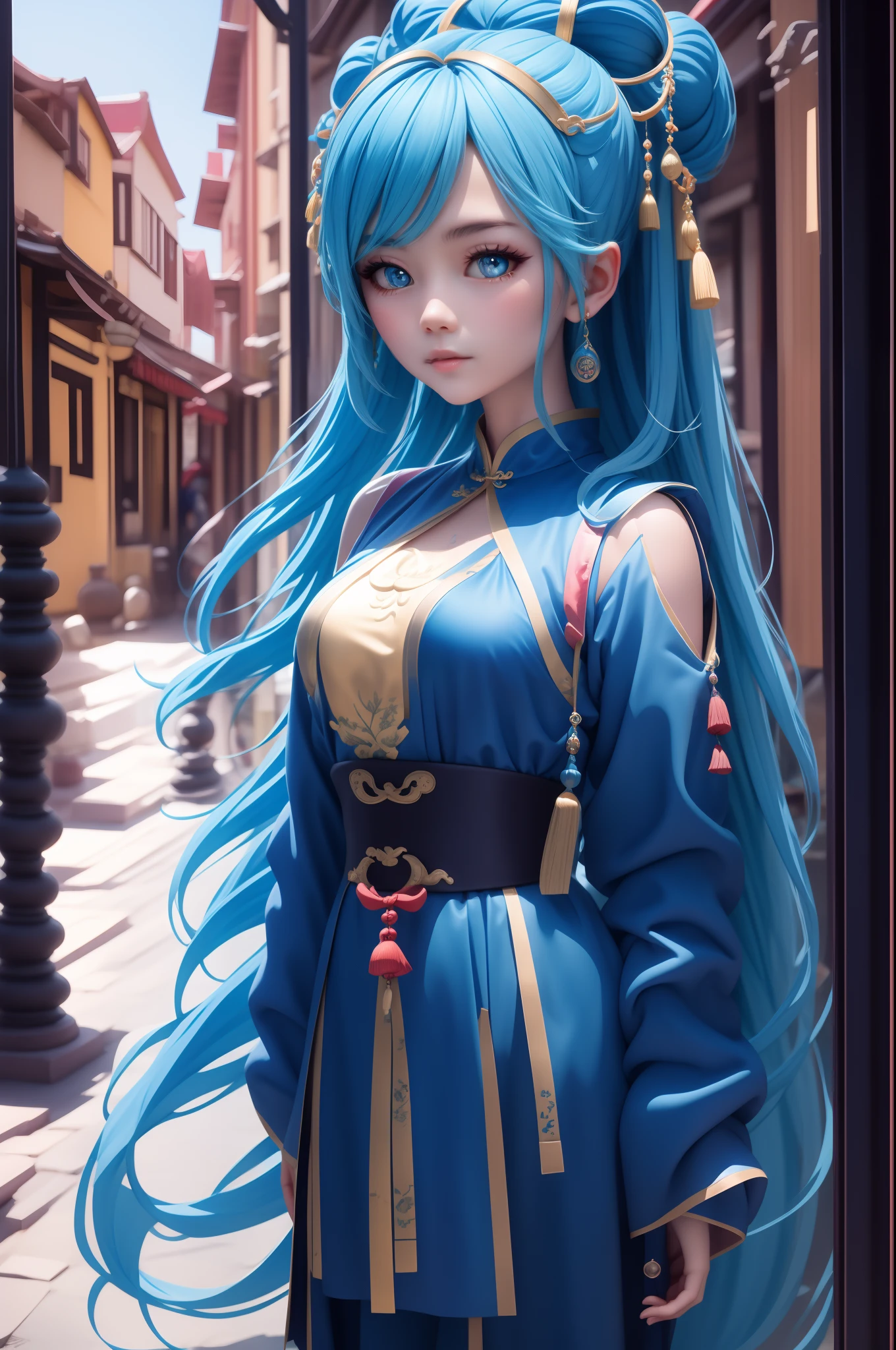 Lingxi'er,Blue-haired girl,blue long hair,Delicate face,Face details