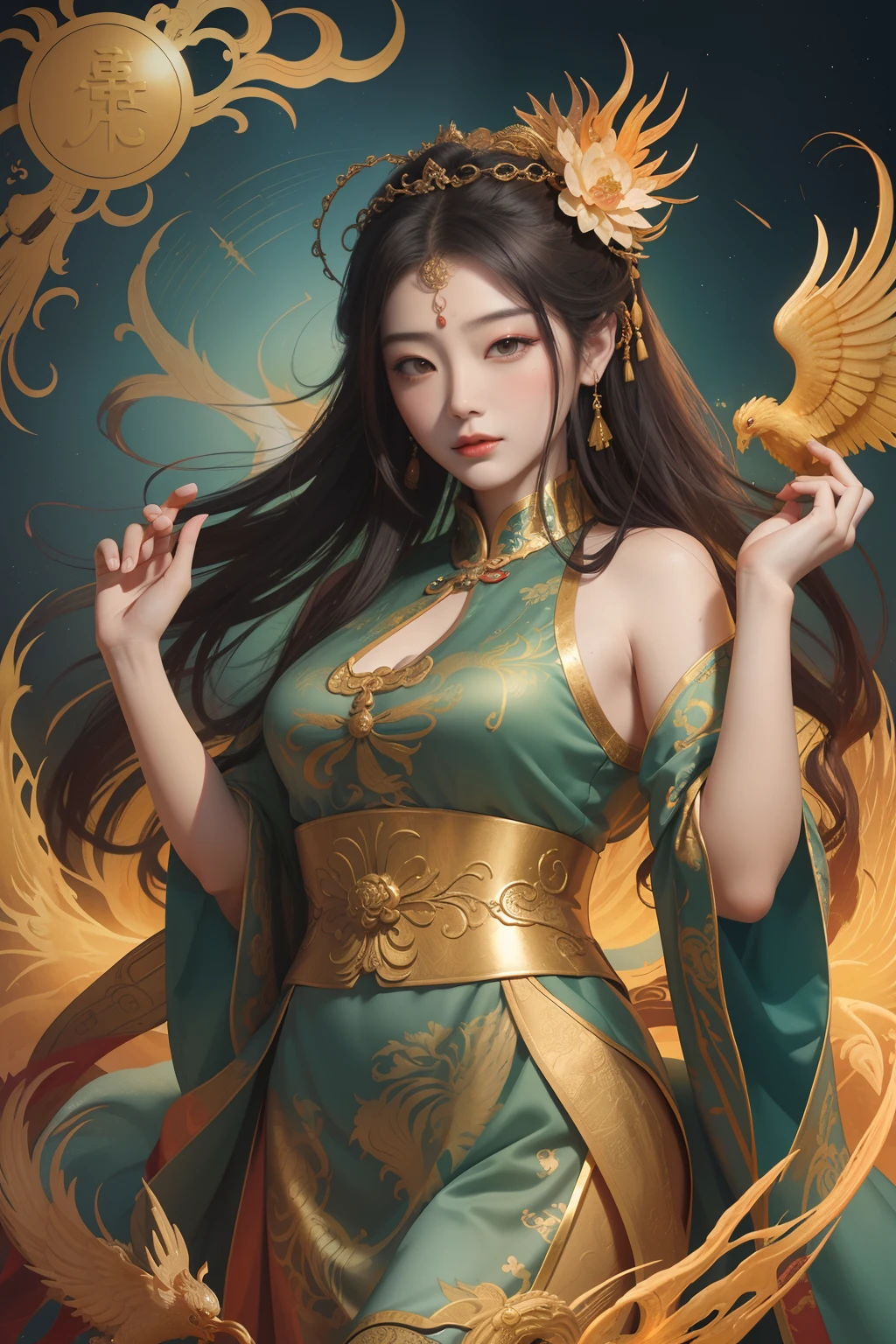an ancient Chinese goddess, guanyin of the southern seas, Guanyin, Inspired by China, Avalokiteshvara rides a phoenix,,Serene expression,shui mo hua,Buddha,Buddhist,Lotus,Chinese painting style,Thangka style