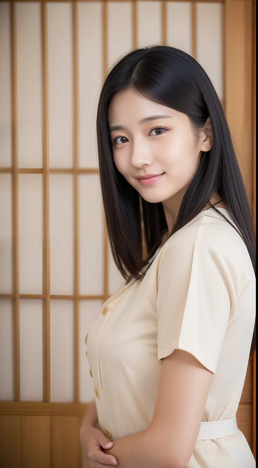 4K、Raw photo、Photoreal Stick、hight resolution、Cute 20 year old woman in Japan , Face like an idol、Black Hair One-Length Hair、skin tanned、Tan Cute Real Photo Girl、、Nursing Staff、Nursing homes