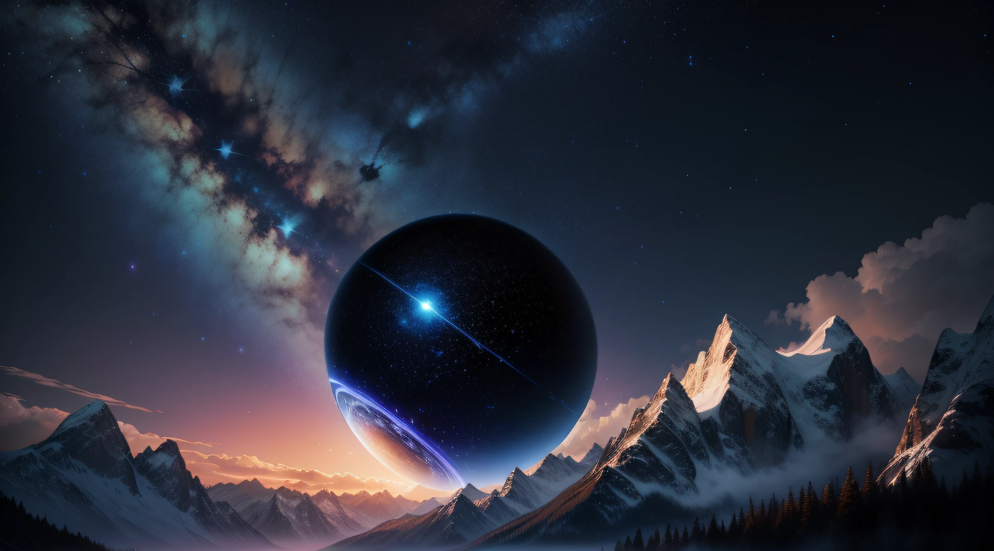 PC Wallpapers,Resolution 4K,8K; Darker tones,Mainly for the vast starry sky,The stars are shining,Below the picture is the mountains、ln the forest、rios、monuments;The picture background has a huge spherical cosmic object,The starry sky accounts for more