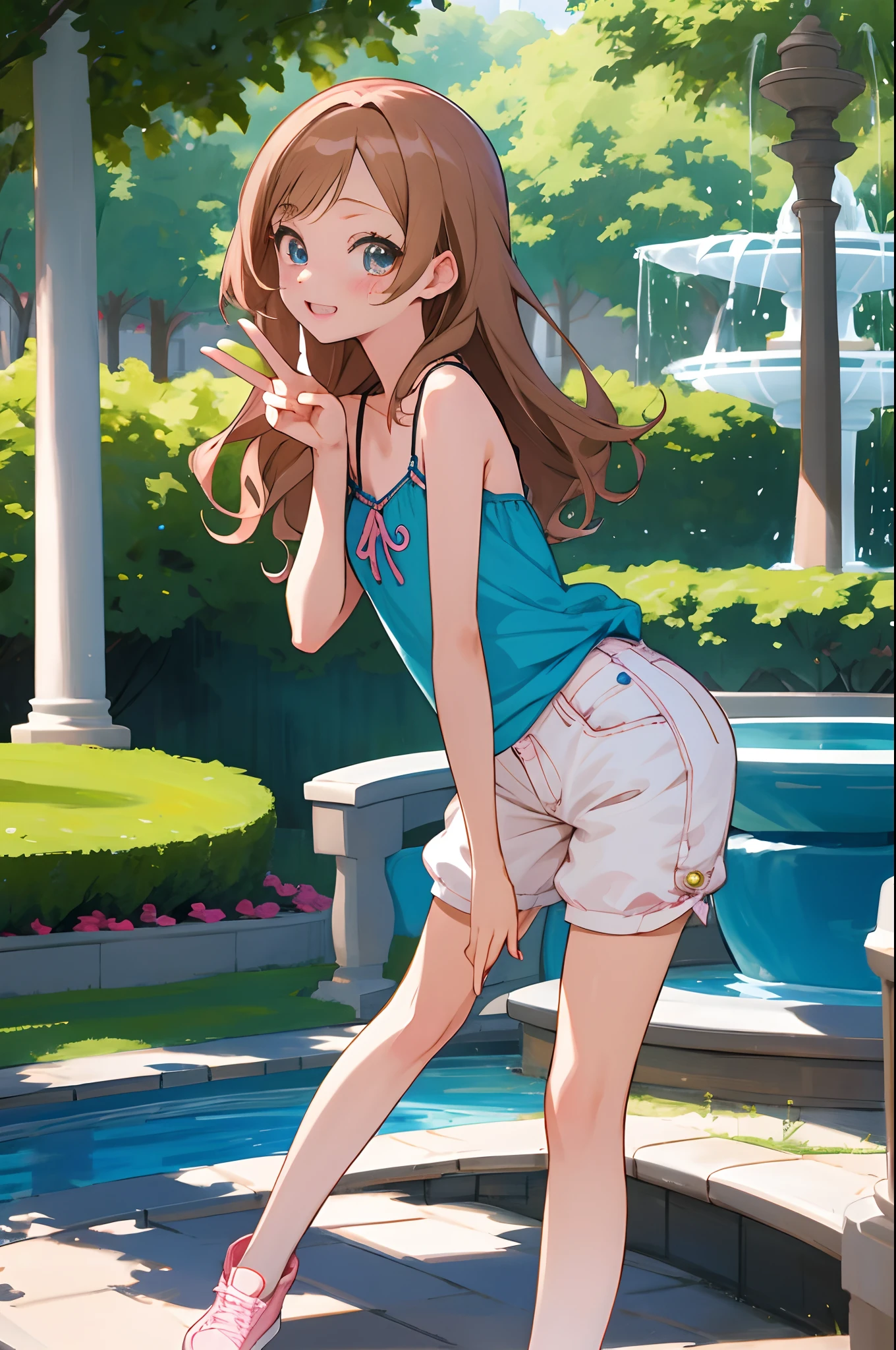 masutepiece、hyper quality、Hyper-detailing、Accurate drawing、in 8K,3D,Hi-Res、1 persons、gals、skin whitening、long eyelashes、Light pink rouge、gyaru fashion、shortpants、Brown hair、loose long hair、bending forward、目元で✌️、nailart、Put your hands on your knees、Stick your butt out、is standing、Camisole、Colorcon、Big eyes、bluish eyes、a park、In front of the fountain、beatiful backgrounds、Detailed drawing、Perfect Beautiful Girl、Perfect Photo