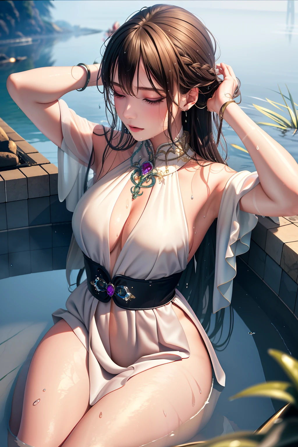(masterpiece), (best quality:1.2), absurdres, [:intricate details:0.2], 1girl, moist skin, (soaked hair:1.2), (fog:1.2), mist, shiny skin, glossy skin, partially submerged in the pool, (wet hair:1.2), showering , fog, mist, rainfall, tiny water droplet, wet, soaked in water, moisture,