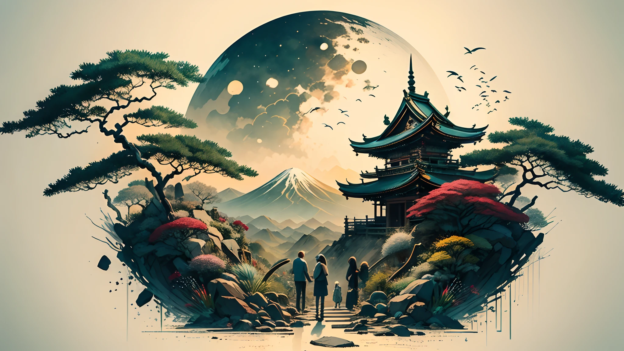 Absurd, high resolution, ultra-detailed, (1 girl:1.3), broken, design a beautiful temple scene, intricate architecture, lush gardens, and a sense of peace and spirituality. Broken, creating an image of a destructive demon with terrifying features, dark powers, and a thirst for chaos and destruction. Broken, designed with a fisheye effect image that captures a wide field of view with a unique curved viewing angle. Break to create rooftop views in urban environments with panoramic cityscapes, dramatic skylines, and a sense of elevation. Break , illustrating the tender moments between parents and children, capturing their bonds, love, and connection. Broken, using pointillism to illustrate images, carefully placed tiny dots of color to create a cohesive and visually stunning whole.japanese scenery