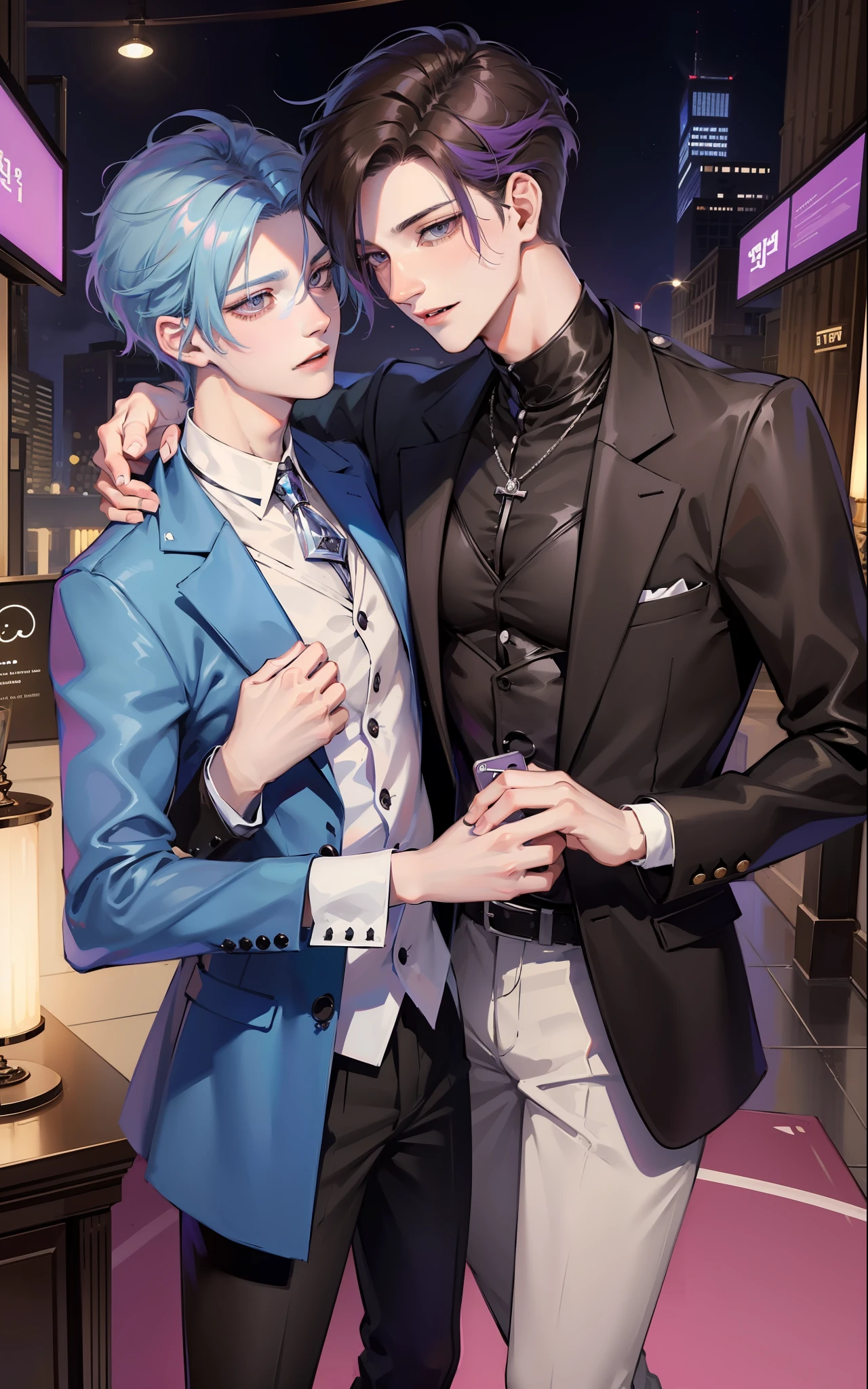 ​masterpiece, top-quality, 2Others, Male couple, 1 man and 1,, Adults, Height difference, different fashion, different color, finely eye and detailed face, intricate detailes, Black Butler Fashion, Modern urban streets, A smile, Happiness, tenderness, queers, Boys Love, high-level image quality、 Two beautiful men、tall、The upper part of the body、nightfall、nighttime scene、𝓡𝓸𝓶𝓪𝓷𝓽𝓲𝓬、Korean Male, k pop, Professional Photos, Vampires, Fedoman with necklace, inspired by Sim Sa-jeong, androgynous vampire, :9 detailed face: 8, extra detailed face, detailed punk hair, ((eyes are brown)) baggy eyes, Seductive. Highly detailed, semi realistic anime, Vampire deacon, hyperrealistic teen, delicate androgynous prince, imvu, short hair above the ears, Man with short hair, With a purple-haired man with a wild expression, Man with light blue hair with gentle expression, With a short-haired man with bright purple hair, Man with light blue hair, Take a selfie for two