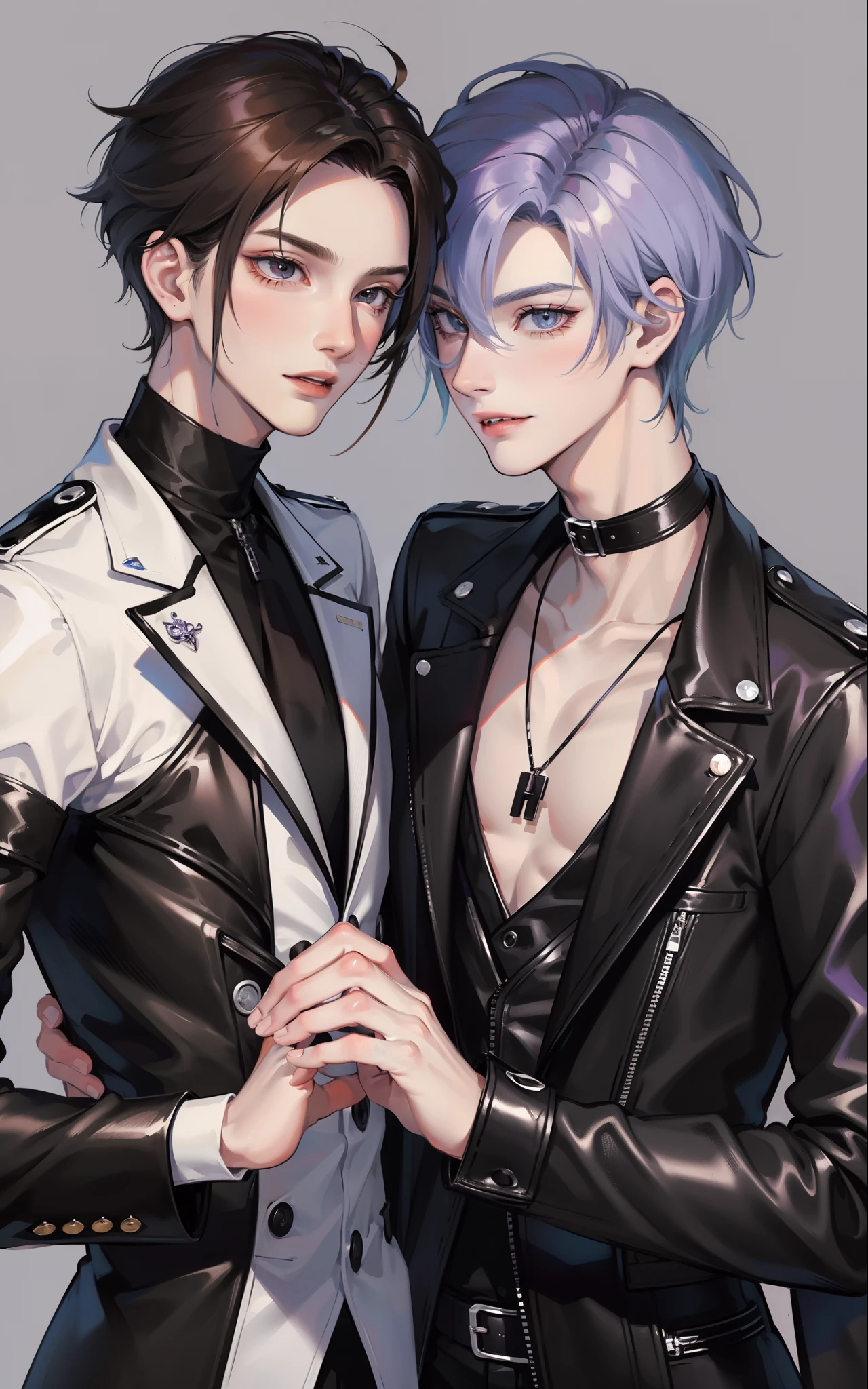 ​masterpiece, top-quality, 2Others, Male couple, 1 man and 1,, Adults, Height difference, different fashion, different color, finely eye and detailed face, intricate detailes, Black Butler Fashion, Modern urban streets, A smile, Happiness, tenderness, queers, Boys Love, high-level image quality、 Two beautiful men、tall、The upper part of the body、nightfall、nighttime scene、𝓡𝓸𝓶𝓪𝓷𝓽𝓲𝓬、Korean Male, k pop, Professional Photos, Vampires, Fedoman with necklace, inspired by Sim Sa-jeong, androgynous vampire, :9 detailed face: 8, extra detailed face, detailed punk hair, ((eyes are brown)) baggy eyes, Seductive. Highly detailed, semi realistic anime, Vampire deacon, hyperrealistic teen, delicate androgynous prince, imvu, short hair above the ears, Man with short hair, With a purple-haired man with a wild expression, Man with light blue hair with gentle expression, With a short-haired man with bright purple hair, Man with light blue hair, Take a selfie for two