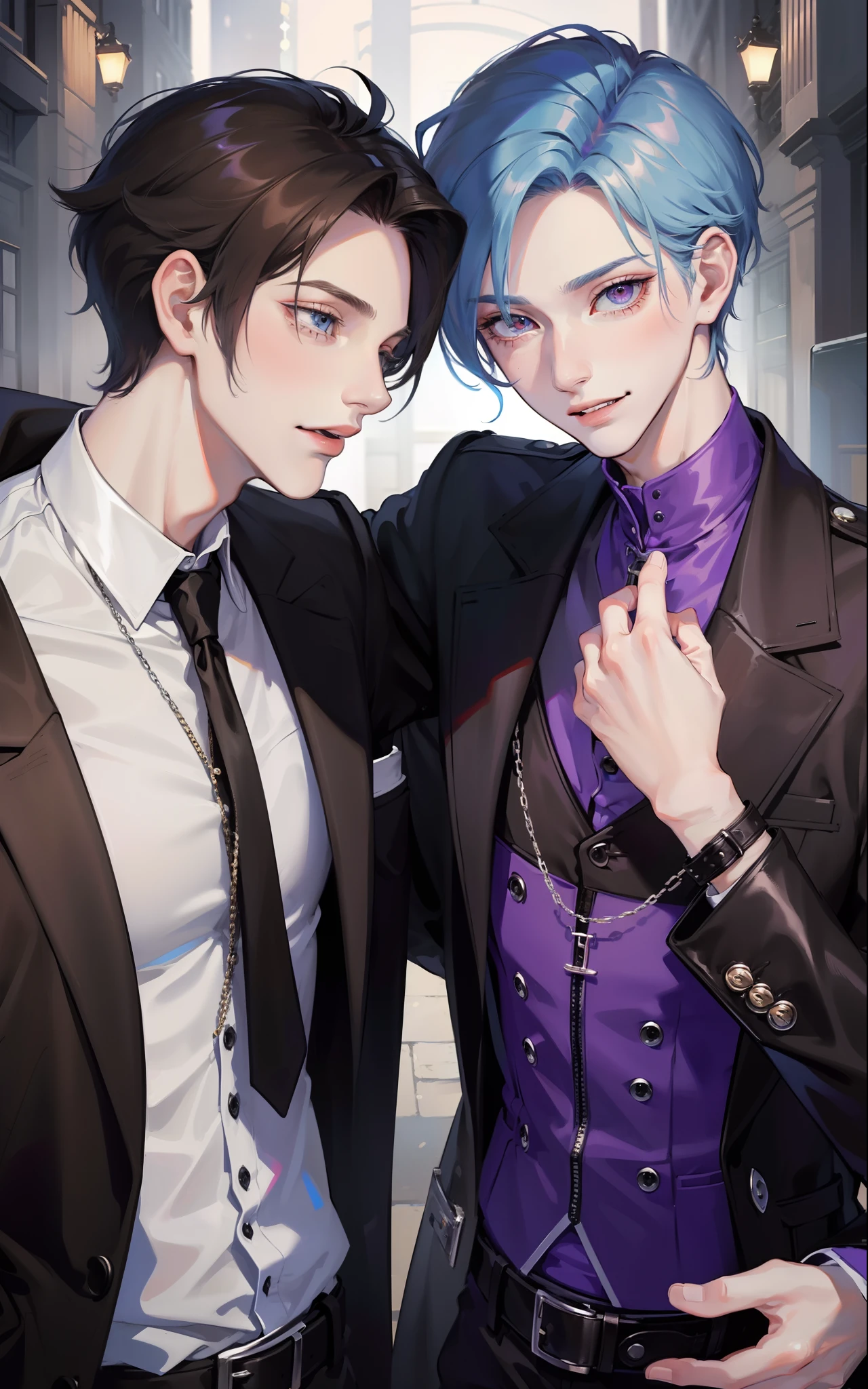 ​masterpiece, top-quality, 2Others, Male couple, 1 man and 1,, Adults, Height difference, different fashion, different color, finely eye and detailed face, intricate detailes, Black Butler Fashion, Modern urban streets, A smile, Happiness, tenderness, queers, Boys Love, high-level image quality、 Two beautiful men、tall、The upper part of the body、nightfall、nighttime scene、𝓡𝓸𝓶𝓪𝓷𝓽𝓲𝓬、Korean Male, k pop, Professional Photos, Vampires, Fedoman with necklace, inspired by Sim Sa-jeong, androgynous vampire, :9 detailed face: 8, extra detailed face, detailed punk hair, ((eyes are brown)) baggy eyes, Seductive. Highly detailed, semi realistic anime, Vampire deacon, hyperrealistic teen, delicate androgynous prince, imvu, short hair above the ears, Man with short hair, With a purple-haired man with a wild expression, Man with light blue hair with gentle expression, With a short-haired man with bright purple hair, Man with light blue hair, Take a selfie for two