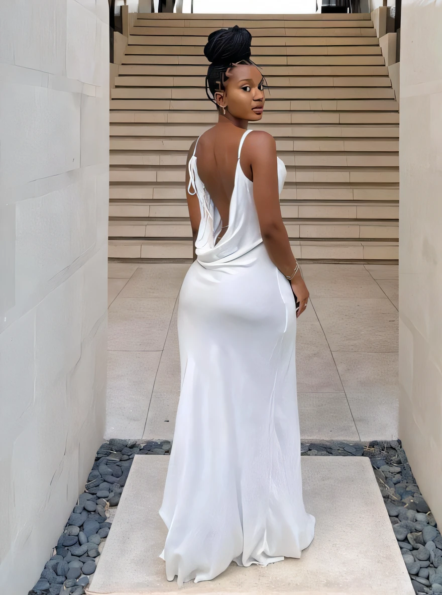 Araffe woman in a white dress standing in a hallway, em um longo vestido branco, vestido branco, vestido branco longo, wearing a white flowing dress, vestindo vestido longo, usando um vestido elegante, em um maxi vestido branco, usando deslumbrante vestido de marfim, usando vestido branco, lindo vestido branco longo longo, uma mulher bonita no branco, fenda traseira, vestido branco de corpo inteiro