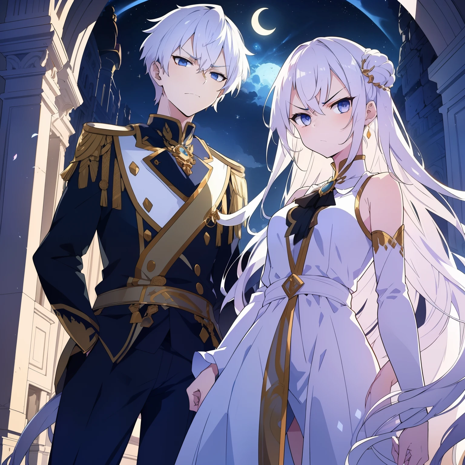 (2 people) (The emperor and a white-haired girl stood face to face in the palace) (The emperor looked angry，White moonlight looked provocative)