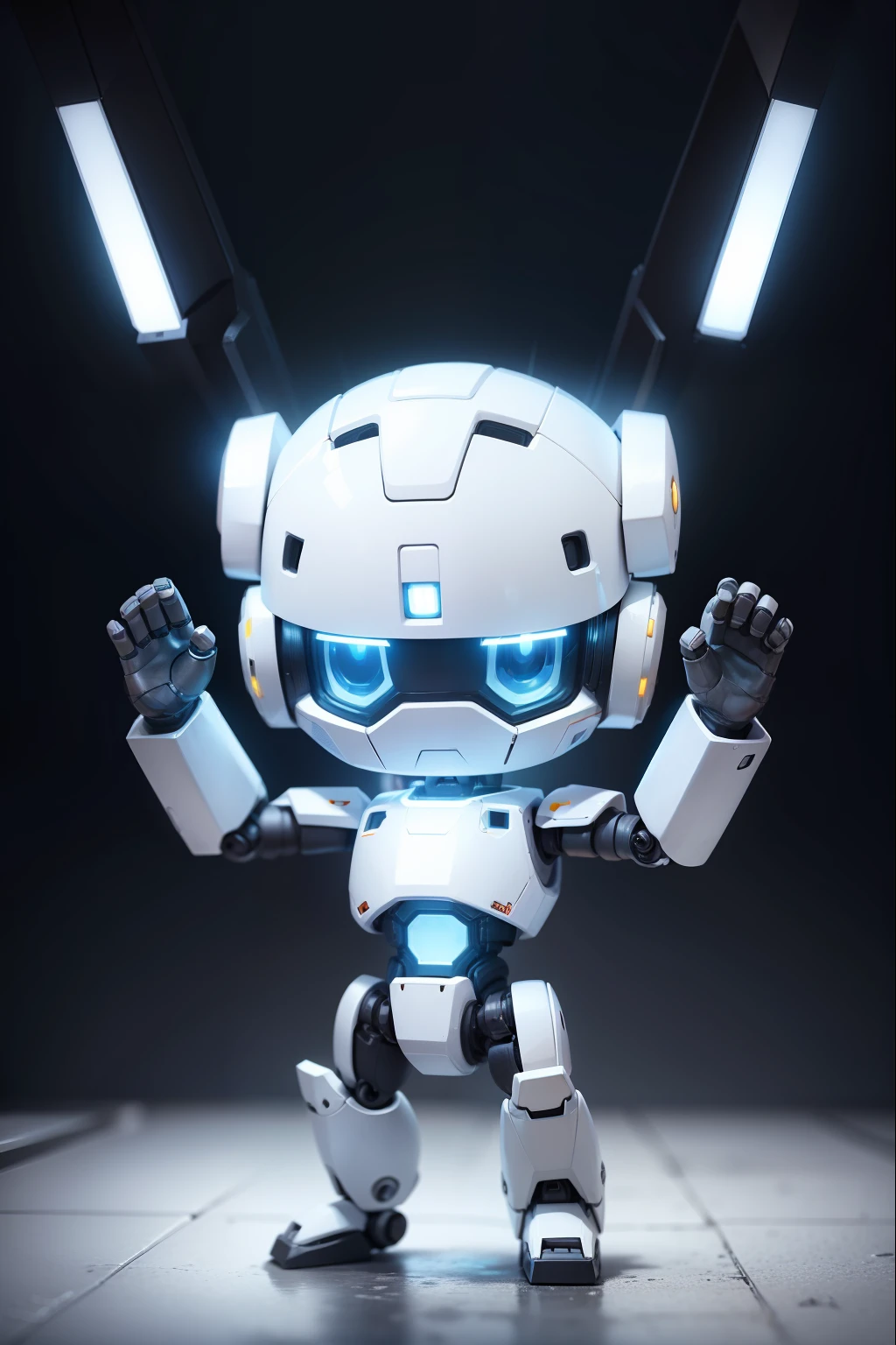 Cute little robot raising his hands up in the air, white colour body, looking to camera