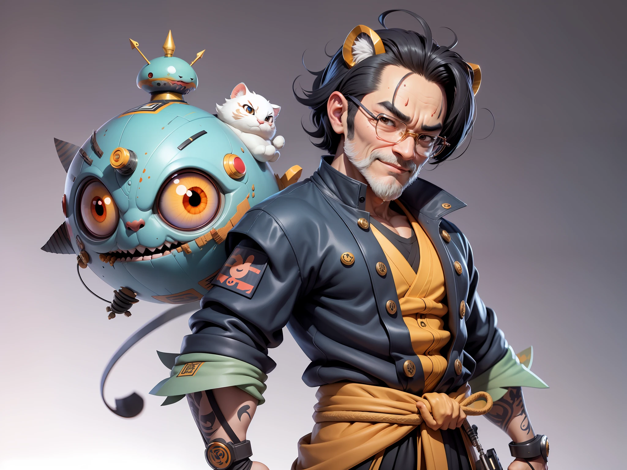(Daisaku),(Need),(Super meticulous),(full bodyesbian:1.2),Super young man with Japanese geisha,Beautiful,orient,one tiger,Aeolian Thor,Raised sexy,爆乳,Oriental face,TV Anchor,Bust portrait illustration,In black suit,a blue tie,The face is slightly chubby,The face was clean,without a beard,Black super short hair,Black eyes,Smile confidently,3C computer sub-products,iPad, iphone,Digital painting,3D character design by Mark Clairen and Pixar and Hayao Miyazaki and Akira Toriyama,The illustration is a high-definition illustration in 4K resolution,With very detailed facial features and cartoon-style visuals。