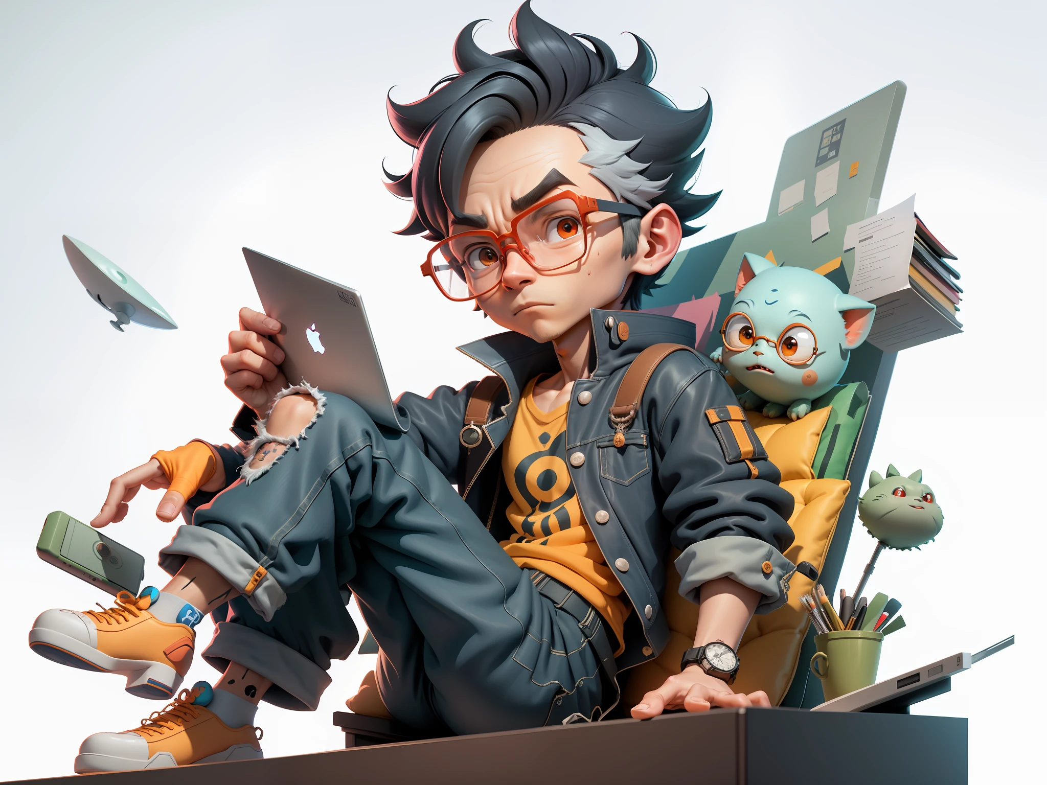 A young man with glasses sits at his desk,holding laptop,digitial painting,3D character design by Mark Clairen and Pixar and Hayao Miyazaki and Akira Toriyama,4K HD illustration,Very detailed facial features and cartoon-style visuals。