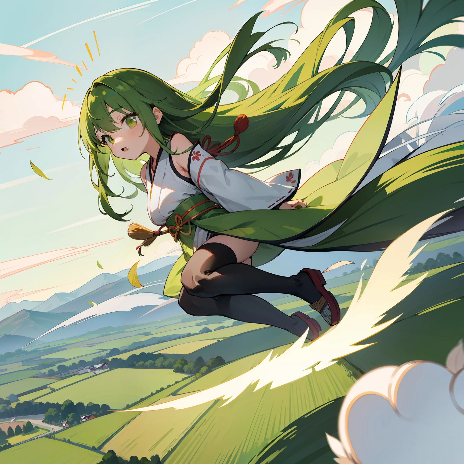 japanese painting、Heavenly daughter、Whirlwind of green gradient、Green long-haired、leaping、Green feathered goromo、bustup、Landscape View
