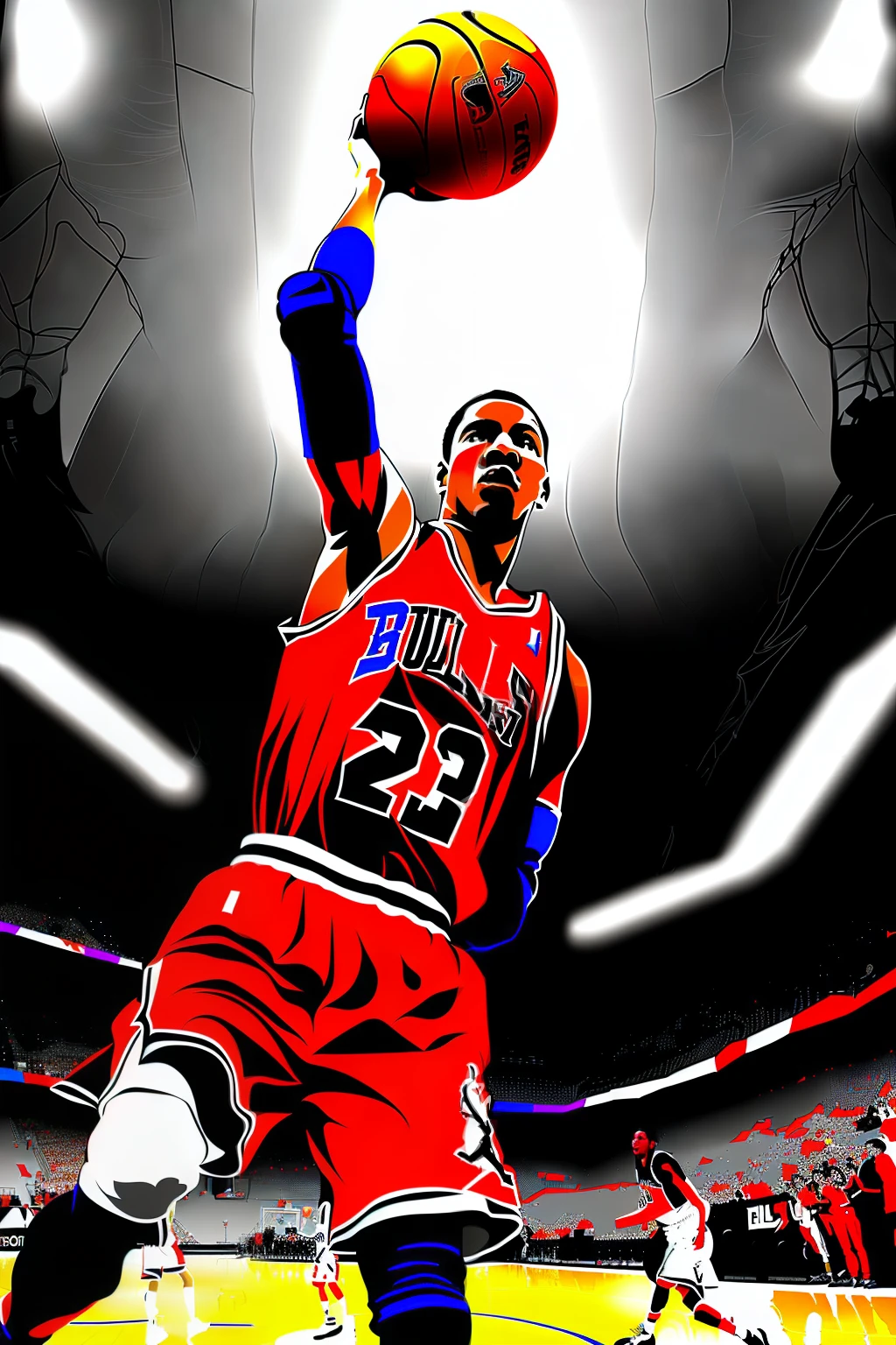 1girl、short hair, airly, Alafed basketball player in red jersey dunks basketball ball, turn on, Inspired by Jordan Glimmer, Michael jordan, jordan, Posterized, Jamal Campbell, Inspired by Paul Georges, Shaq, 2 k, 2 k, NBA 2 K 2 1, 1992 video game concept art, SLUMDUNK, Gary Chalk, Old 3D graphics