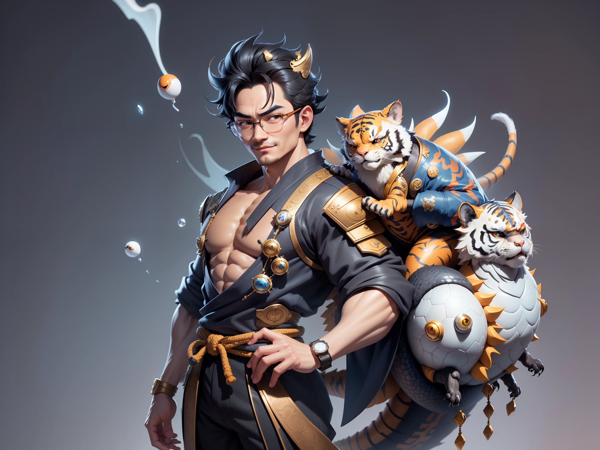 (Masterpiece), (Excellent), (Super Meticulous), (Full Body: 1.2), Super Young Man with Japanese Female Geisha, Pretty, Beautiful, Chinese Dragon, Tiger, Wind God Thor, Sexy, Bursting, Oriental Face, TV Anchor, Bust Portrait Illustration, Black Suit, Blue Tie, Slightly Chubby Face, Silver Glasses, Very Clean Face, No Beard on Chin, Black Super Short Hair, Black Eyes, Confident Smile, 3c Computer Sub-Products, iPad, iPhone, Digital Painting, 3D character design by Mark Clairedon and Pixar and Hayao Miyazaki and Akira Toriyama, the illustrations are HD illustrations in 4K resolution with highly detailed facial features and cartoon-style visuals.