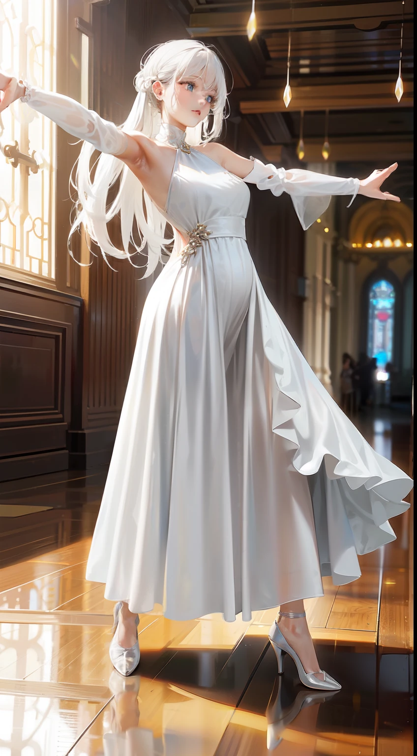 1girll,Solo,Long white hair, 1 girl dancing lightly and elegantly,Immerse yourself in the dance,
