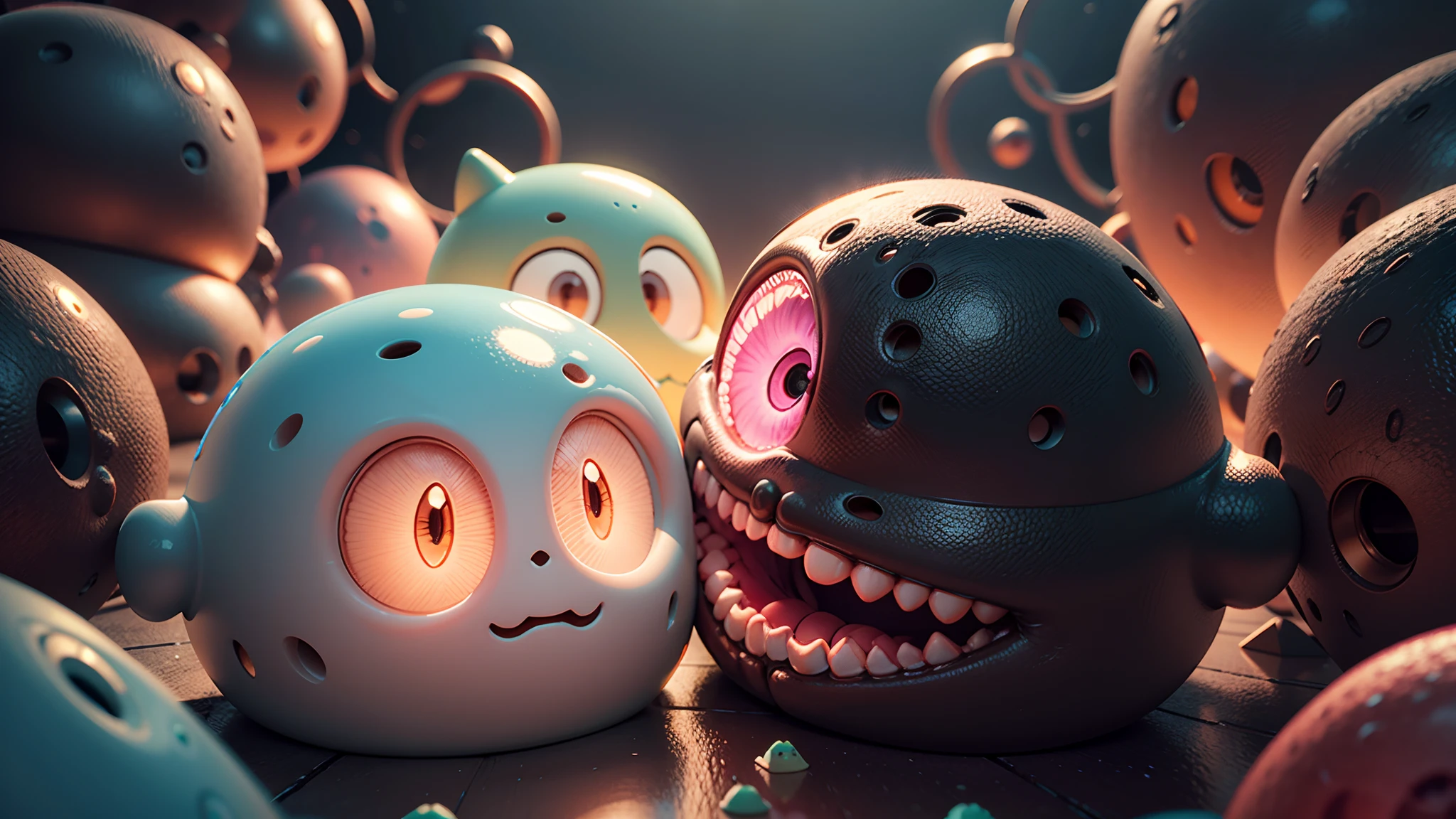 Inside the human body，Two groups of slimes with faces and eyes are fiercely confronting, cancer cell，Immune cells，Popular science game illustration，3 d epic illustrations, 3d render digital art, 4k highly detailed digital art, 3D digital art 4K, digital art render, stylized 3d render