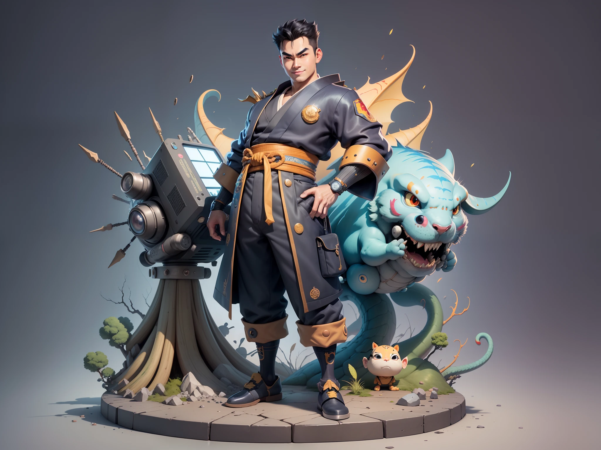 (Masterpiece), (Excellent), (Super Meticulous), (Full Body: 1.2), Super Young Man, Oriental Face, Japanese Kimono, Japanese Wind Thunder God, Dragon, Tiger, TV Anchor, Bust Portrait Illustration, Alone, Black Suit, Blue Tie, Slightly Chubby Face, Very Clean Face, No Beard, Black Super Short Hair, Black Eyes, Confident Smile, 3c Computer Sub-Products, iPad, iPhone, Digital Painting, 3D Character Design by Akira Toriyama and Mark Claireden and Pixar and Hayao Miyazaki, The illustration is a high-definition illustration in 4K resolution with very detailed facial features and cartoon-style visuals.