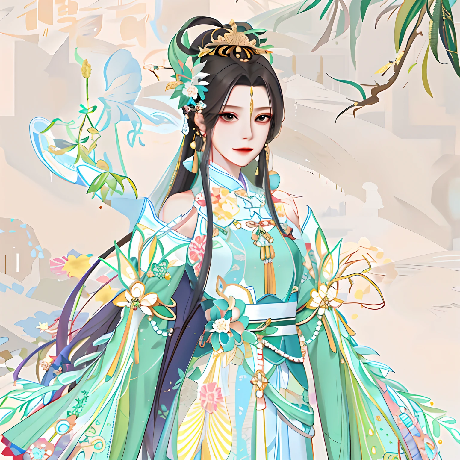 There is a woman in a green dress and a blue dress, a beautiful fantasy empress, ((a beautiful fantasy empress)), Palace , A girl in Hanfu, Inspired by Lan Ying, Inspired by Huang Ji, Inspired by Qiu Ying, inspired by Ma Yuanyu, Princesa chinesa antiga, full-body xianxia, inspired by Park Hua