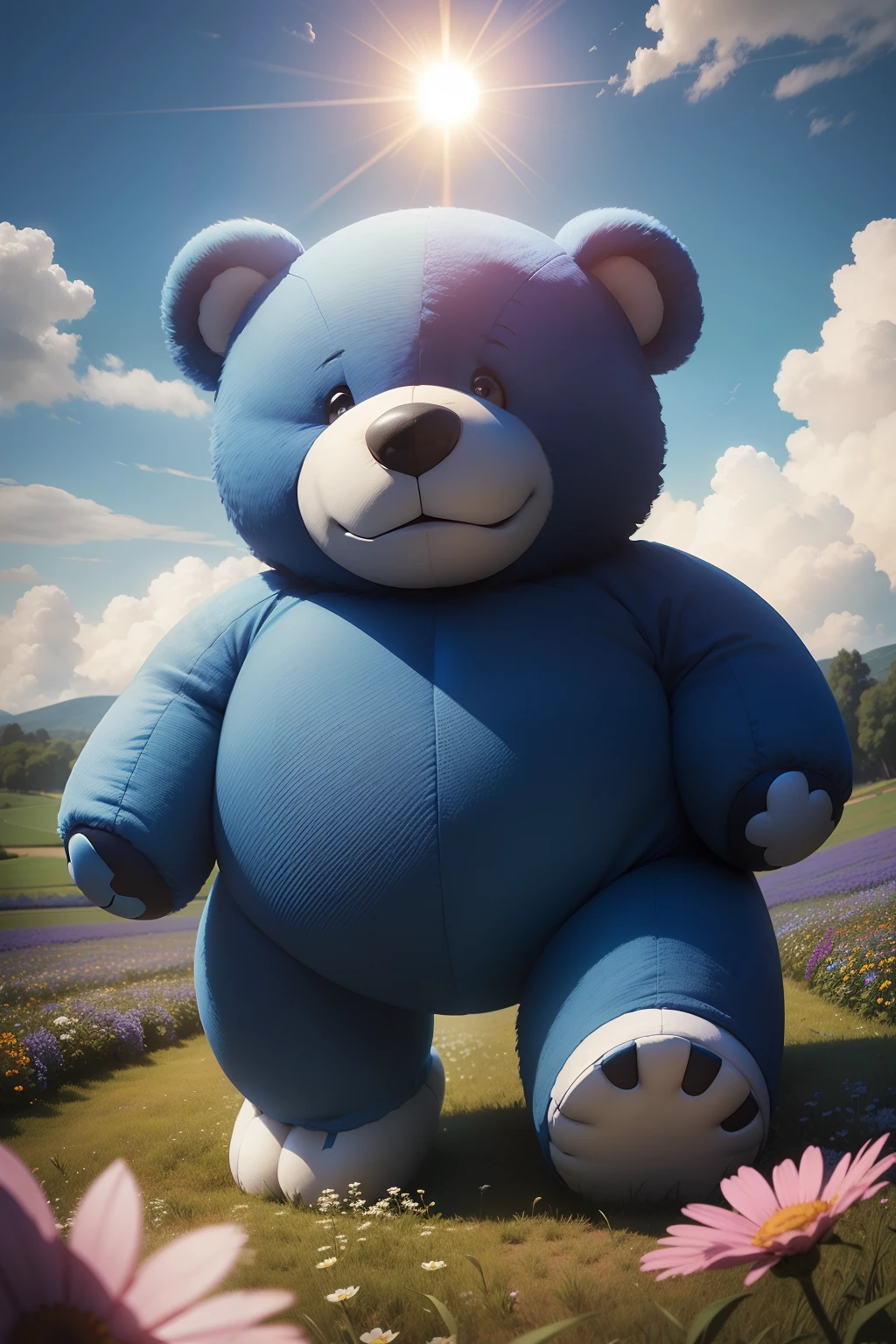 A very hyper-huge blue teddy bear walks through a flower field, laughing. top view. Close-up. Lots of details. Super realistic, cinematic, cartoon style. Background blurred clouds,sky, sun. Light haze.