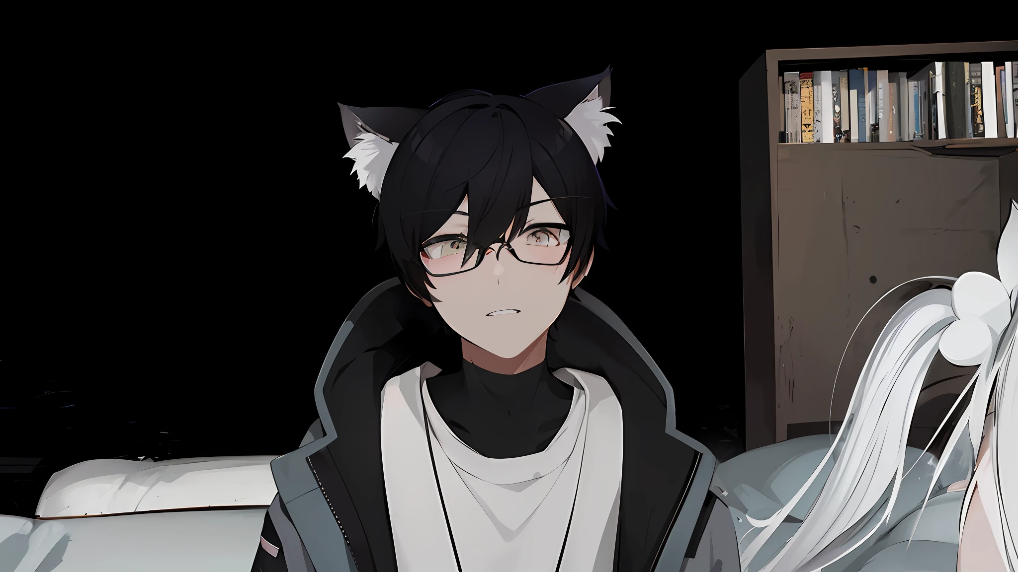 anime image of a cat with glasses and a cat's head, vrchat, emo boy with cat ears and tail, boy with cat ears and tail, anime girl with cat ears, halfbody headshot, inspired by Okumura Togyu, [[[[grinning evily]]]], inspired by Okumura Masanobu, anime cat