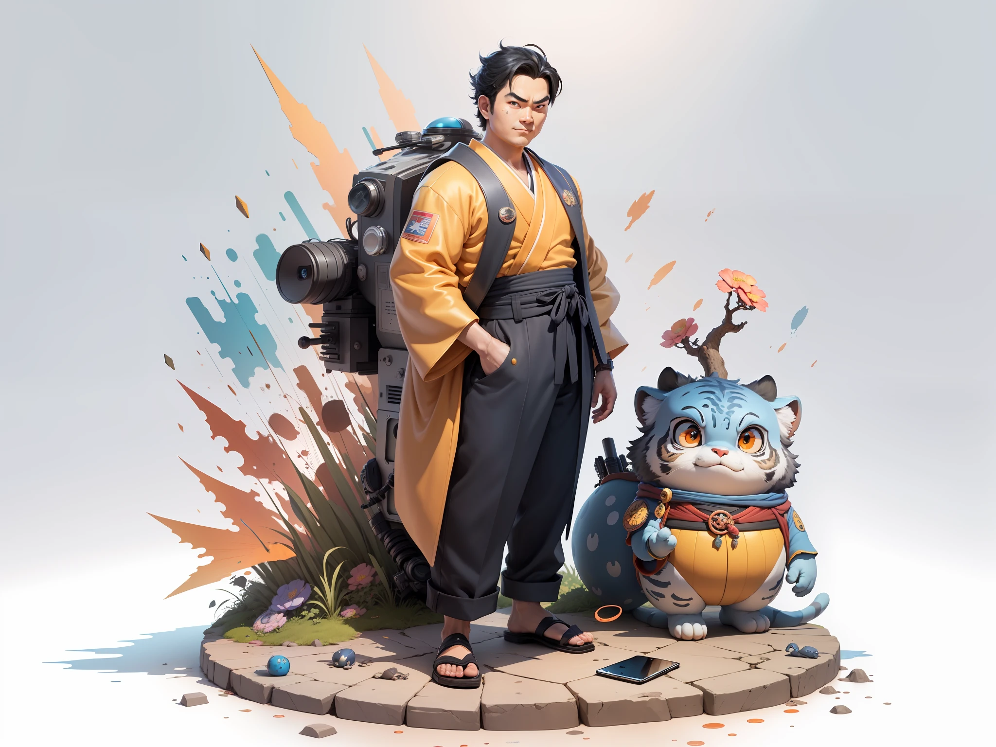 (Masterpiece), (Excellent), (Super Meticulous), (Full Body: 1.2), Super Young Man, Oriental Face, Japanese Kimono, Japanese Wind Thunder God, Dragon, Tiger, TV Anchor, Bust Portrait Illustration, Alone, Black Suit, Blue Tie, Slightly Chubby Face, Very Clean Face, No Beard, Black Super Short Hair, Black Eyes, Confident Smile, 3c Computer Sub-Products, iPad, iPhone, Digital Painting, 3D Character Design by Akira Toriyama and Mark Claireden and Pixar and Hayao Miyazaki, The illustration is a high-definition illustration in 4K resolution with very detailed facial features and cartoon-style visuals.